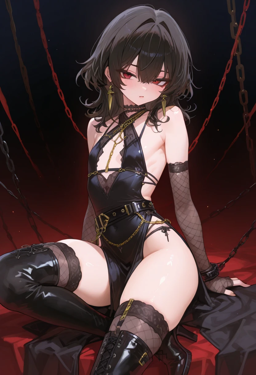 Fantasy, girl alone, cottage, human, big, navel, nudity, (masterpiece, best quality), sidelightning, , beautiful detailed eyes, slave chain, slave collar, lying on bed, slave clothes, wide-eyed, tongue-out,-tongued, crazy, open mouth, screaming, ahe-face, rough breathing, blush, sweat, slave clothes, black hair, dumpling hair, full body,