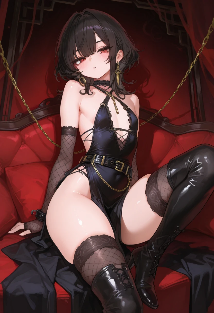 Masterpiece, dynamic shot, dynamic angle, (multiple female characters), A picture of beautiful succubus on a leash in a crowd of sexy nuns around , nuns, succubus, beautiful demon girl, legs spread, chained, horror, dark, sexy, rough domination, domination, on a leash, bdsm, golden chains, (golden leash), collar, golden collar, beautiful bodies, slim, horror style, highly detailed faces, (silk underwear), stockings, leather tight boots