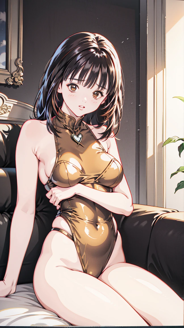 Anime style, better quality possible, perfect body brunette woman, dark brown hair, brown eyes, wearing very transparent black bra  and open legs with very transparent black panties, she smile sits in sofa with her open legs, ambient living room of colonial house, open windows show night time, iluminated by candles