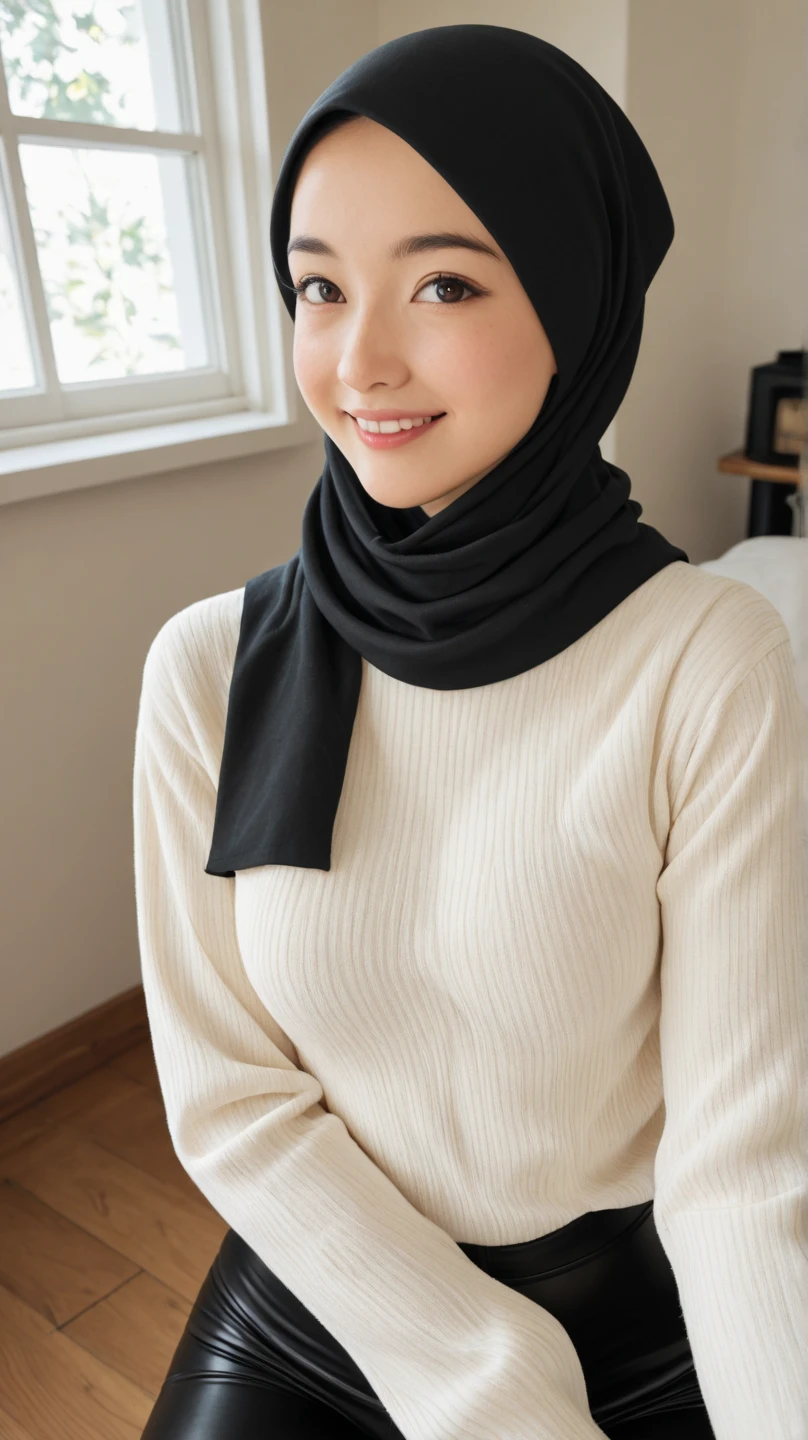 (Best quality, 8k, 32k, Masterpiece, UHD:1.2),Photo of Pretty Japanese hijab woman, large breasts, oversize crew shirt.