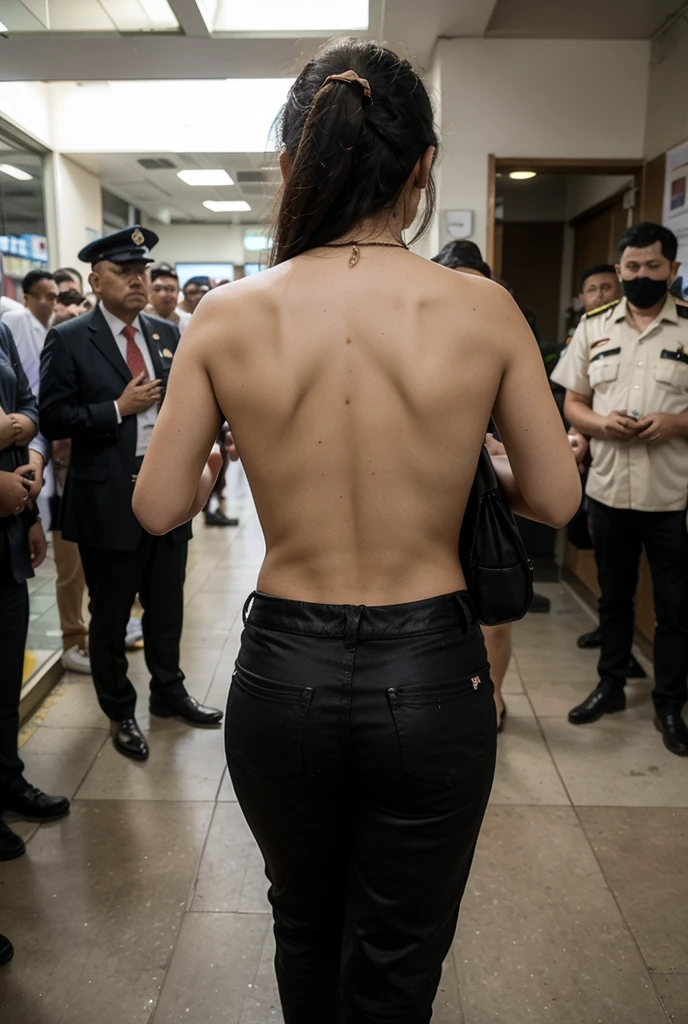 (beautiful 16 year old girl) (back view, view from behind)((completely naked)) Perfect beautiful face, (slender body) thin body, (black hair) (blue eyes) (white skin) beautiful body, face Western, predatory eyes, pink vaginal lips, thin hips, thin thighs, collarbone, ribs, (serious expression) (looking away), full body, (smooth pussy, shaved vagina) Western Beauty, thin nose, (location: in front to the court building). lawyers, judge in the background, police in the background. dark, night. crowd behind, people in the background, police in the background, movement, people walking in the background, action (crowd, crowded place, throng) ((cameras, reporters, journalists, cameras, people taking photos))