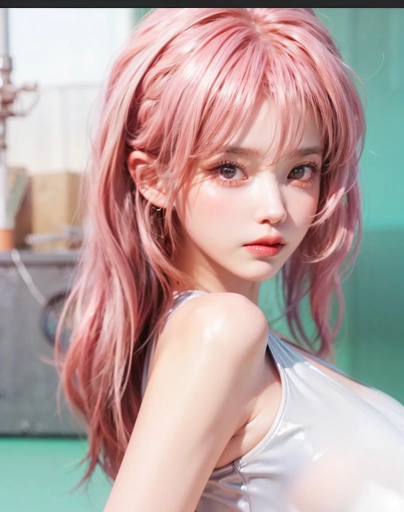 (8k, RAW photo, photorealistic:1.25) ,( lipgloss, eyelashes, gloss-face, glossy skin, best quality, ultra highres, depth of field, chromatic aberration, caustics, Broad lighting, natural shading,Kpop idol) looking at viewer with a serene and goddess-like happiness, pink hairs, green eyes, asain,