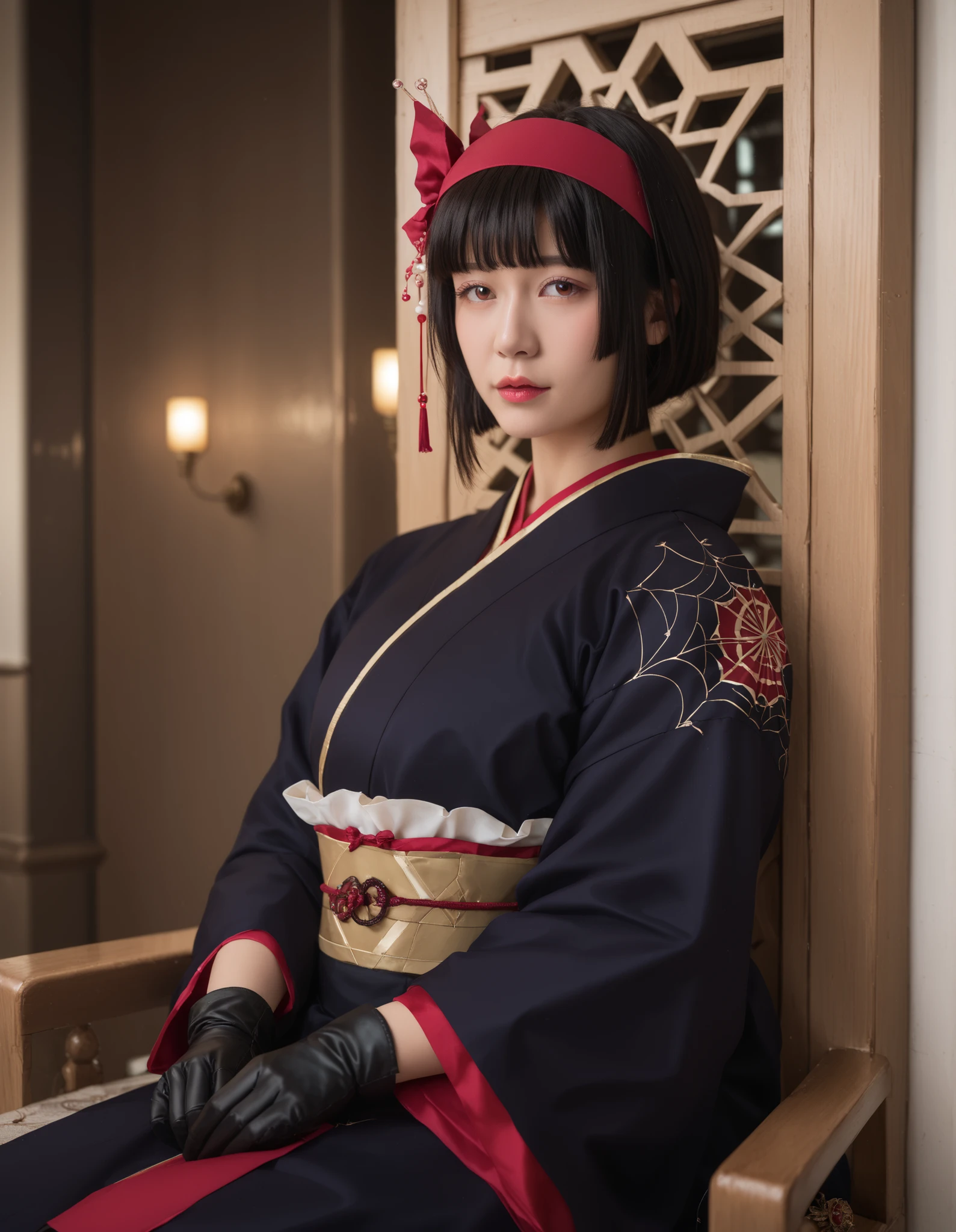 (Realista:1.6),obra-prima, melhor qualidade, mangas, absurdos, high resolution, uma garota, only, mio-mlf, cabelo preto, cabelo curto, blunt franja, corte bob, franja, olhos amarelos, roupas japonesas, quimono, arco, luvas pretas, menina jovem, Asian, Japanese face , indoors, ,uma garota in full growth, , seated on a high throne, Royal expression,