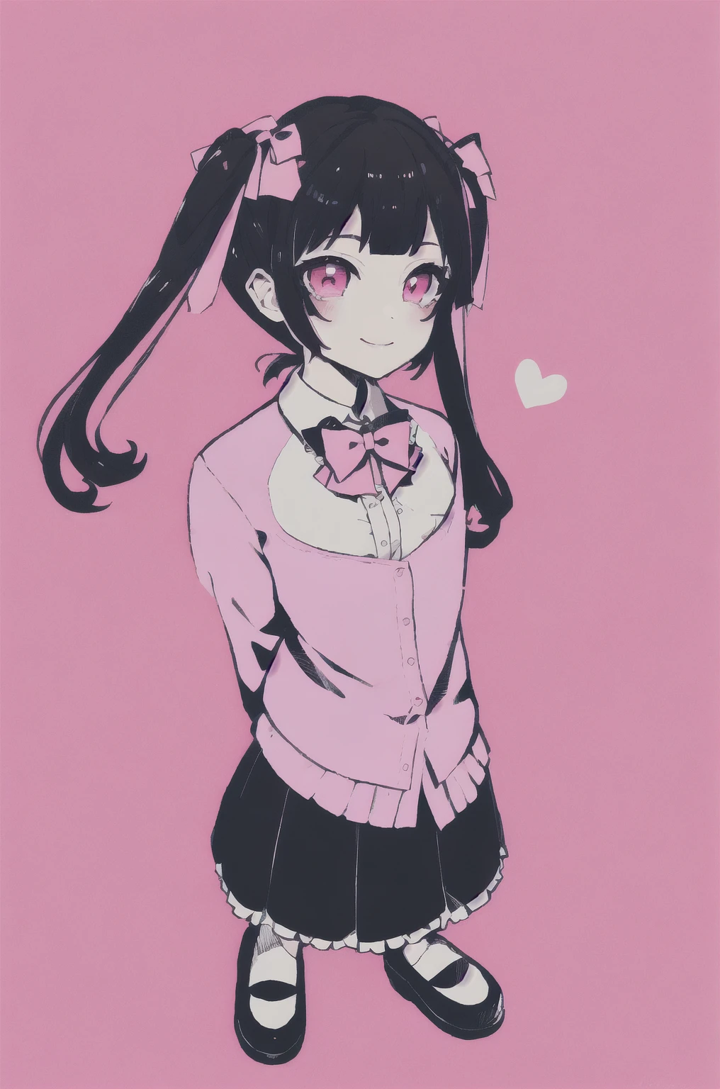 masterpiece, best quality, 1girl, solo, long_hair, looking_at_viewer, bangs, skirt, shirt, black_hair, long_sleeves, bow, ribbon, twintails, hair_bow, heart, pantyhose, frills, shoes, choker, blunt_bangs, black_skirt, pink_eyes, halo, frilled_skirt, pink_bow, fishnets,pink_shirt, fishnet_pantyhose, platform_footwear, pink_theme, pill, jirai_kei, pink background, pink theme, monochrome, wariza, light smile
