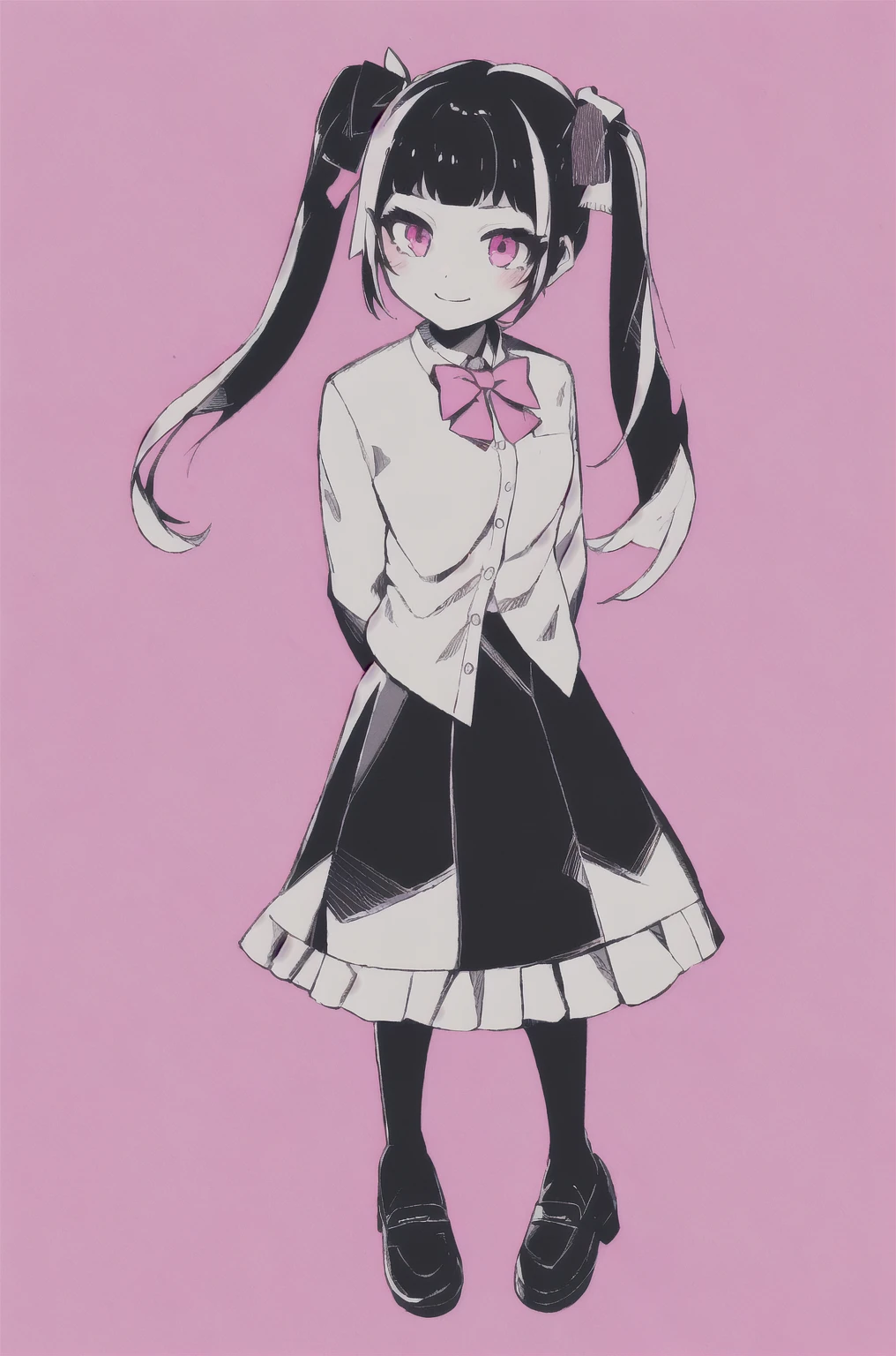 masterpiece, best quality, 1girl, solo, long_hair, looking_at_viewer, bangs, skirt, shirt, black_hair, long_sleeves, bow, ribbon, twintails, hair_bow, heart, pantyhose, frills, shoes, choker, blunt_bangs, black_skirt, pink_eyes, halo, pink_background, frilled_skirt, pink_bow, fishnets,pink_shirt, fishnet_pantyhose, platform_footwear, pink_theme, pill, jirai_kei, monochrome, <lora:nouV2-000008:1>
