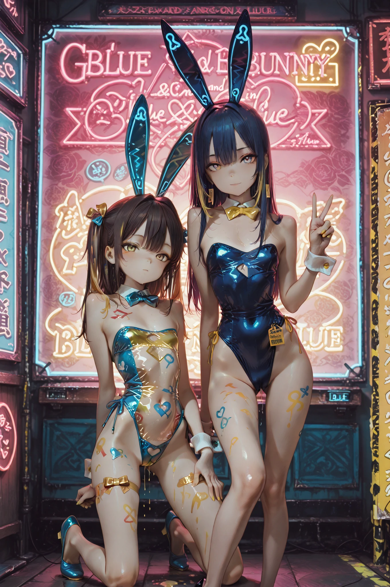 masterpiece, Highest quality, 8K、Photorealistic、casino、Beautiful night view、 or more naked girls、kawaii:1.4、smile、fun、Various hairstyles、pubic hair、Open Stance)、(((Full nudity、Pussy、Little Girl)))、(Glowing Skin、A pair of rabbit ears:1.3、Ribbon Hairband、Fishnet tights、A bow tie、Bunny Girls 3 or more)、roulette、Slot Machines、Cocktail、Champagne bottle、((The characters are unique、Various hairstyles))、Laughter
