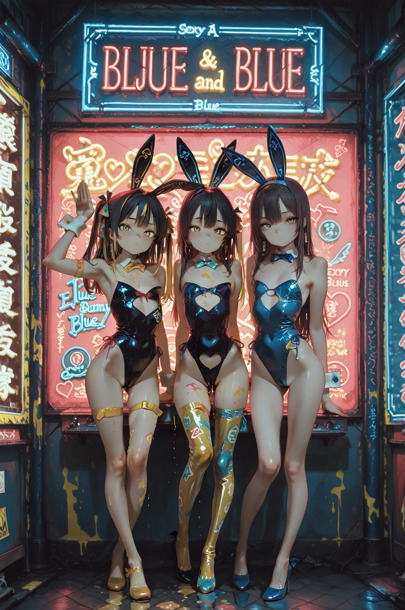 ((masterpiece、Highest quality、Official Art))、PRAYER、Anime Key Media、Idol Concert、Concert Stage、(3人のcute naked girls、Big eyes、Baby Face、12 years old:1.5、smile、sing、dance、Ribbon headband、Ultra mini skirt:1.2、Japanese style idol costume:1.2 )、Exposing the breasts、Hair of different colorr.々Hair style、(((Full nudity、Pussy、cute)))、(Sweat a lot、Glowing Skin)、Anime key visual, ((The characters are unique))