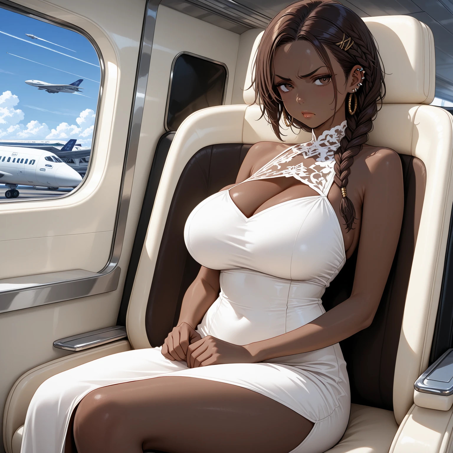 one girl, long light purple lilac hair, realistic green eyes, cleavage, large chest, shiny skin, wearing gold jewelry, thick gold necklace, multiple gold earrings, sitting in first class, sitting in airplane, being served a champagne glass by stewardess, wearing black draped dress with long sleeves, elegant, extravagant, legs crossed, soft smile, plump lips, hard nipples, light tan cream colored airplane seat, full body, one leg up showing pussy, breast out of her shift