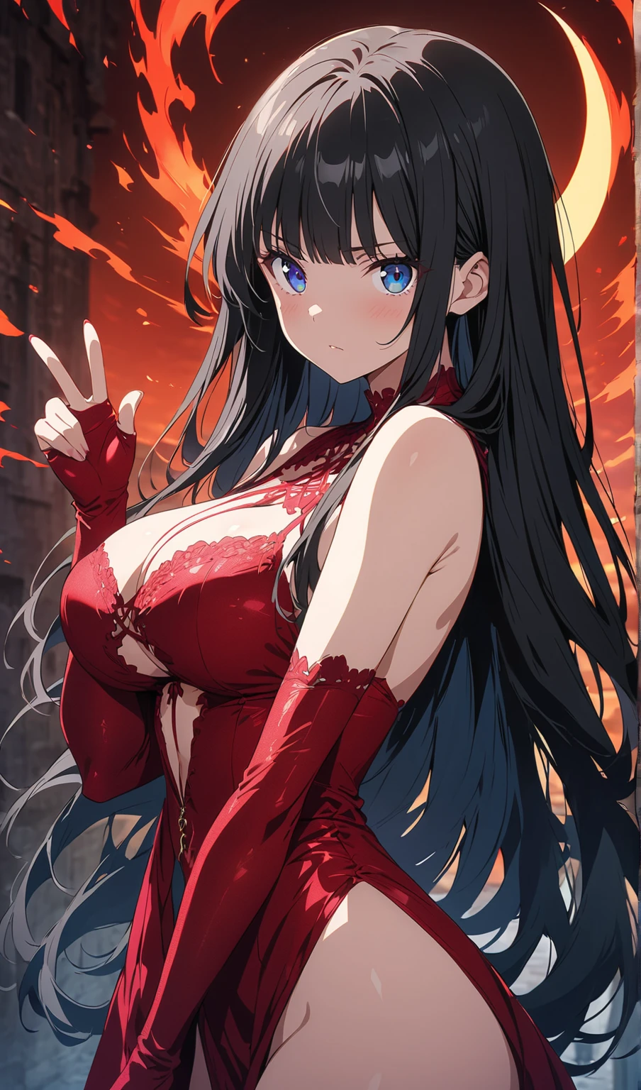 (from above and high angle), (Throw both hands up into the sky, looking at the sky), (solo:2, 18 yo, straight black hair long hair angry dominance girl, angry red eyes, open mouth, big tits), in a formal dress), break, in the rooftop, (background red aura:1.3), BREAK, perfect anatomy, masterpiece, best quality, 16k, beautiful detailed grow, daydreaming expression.