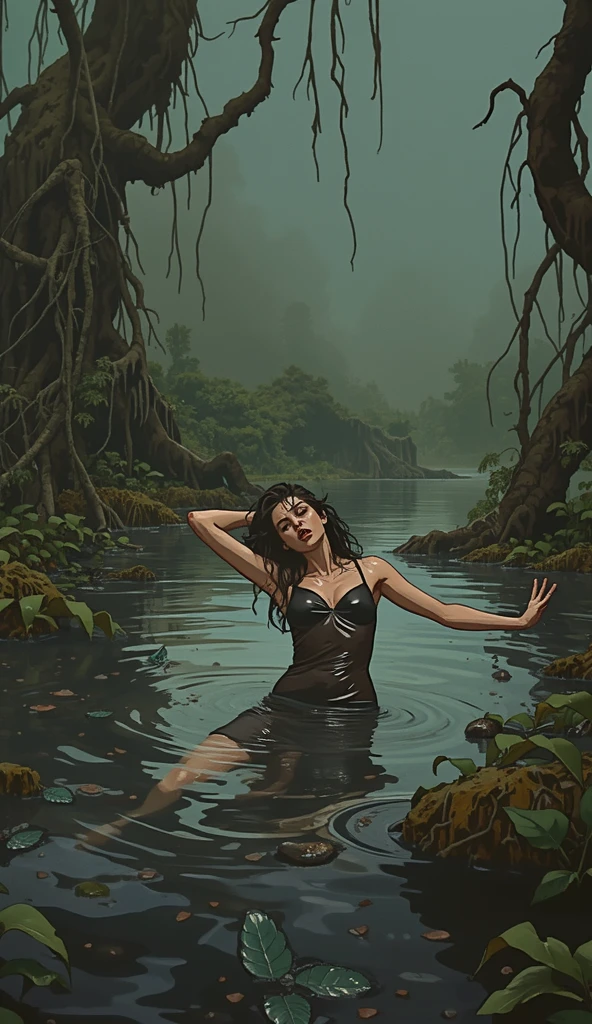 reflections, horror, breakage, sadness, loneliness, a sexy monster girl in the dark swamp (art inspired by Bill Sienkiewicz). oil painting)