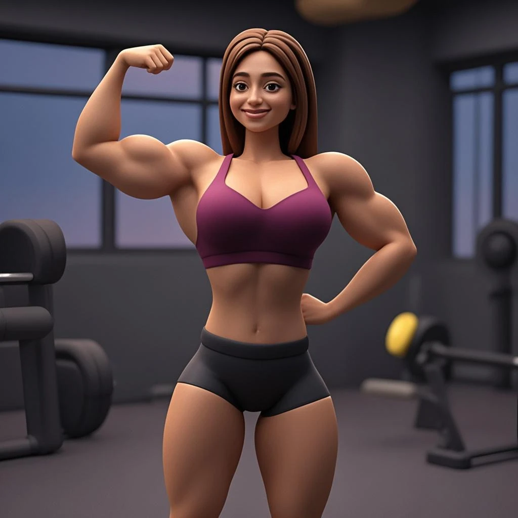 Caucasian woman practicing bodybuilding with long black hair with bangs and a smile on her face