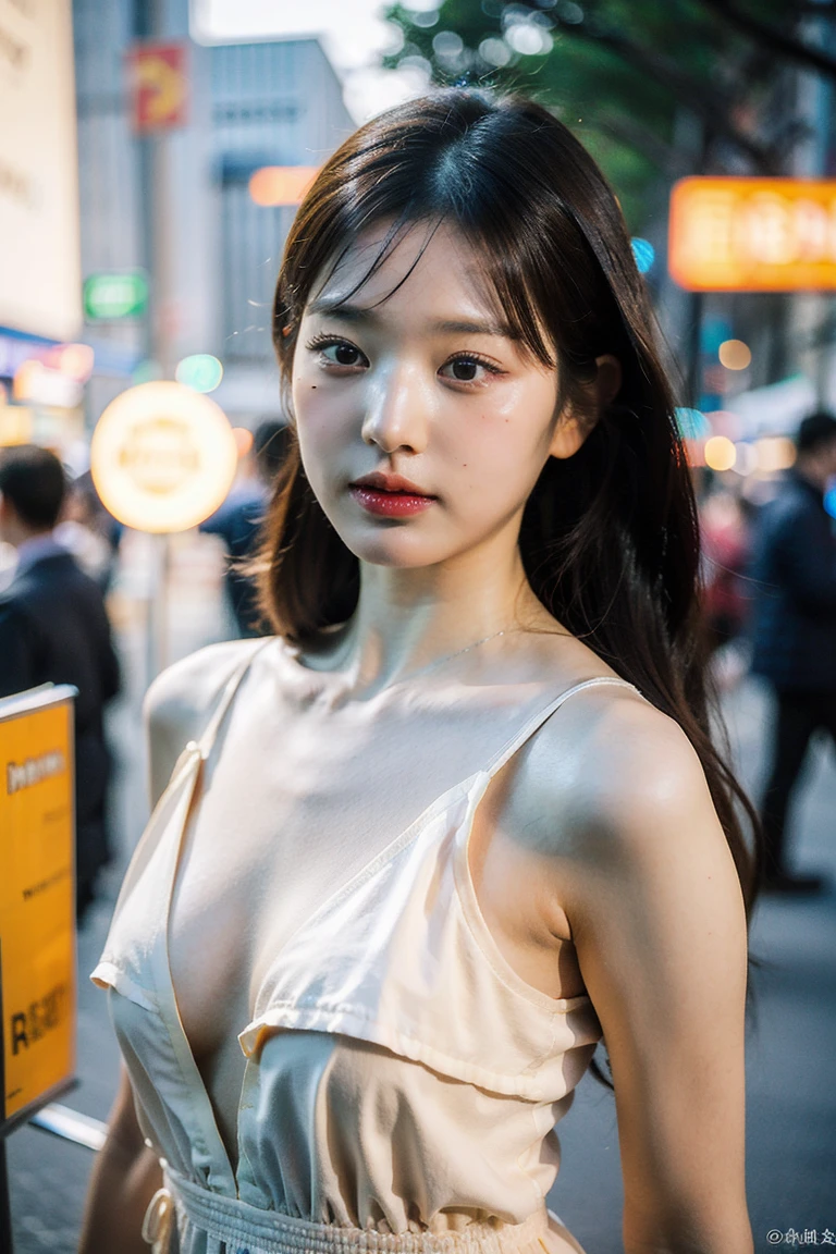 (8k, best quality, masterpiece, ultra highres:1.2) Photo of Pretty Japanese woman beautiful, beautiful enchanting fashion contemporary painting with a, looking at the viewer, ((sunset background)), (1girl), (white shirt short sleeves), ((black pencil skirt)), belt, ((hand down)),black hair, medium hair, high angle photo of a gorgeous woman, realistic skin texture, looks up, (nudity), round chin, 85 mm art lens, f 1. 2, sharp focus, 8 k high definition, insanely detailed, intricate, elegant, small breasts, dynamic pose, tiny breasts, deep cleavage