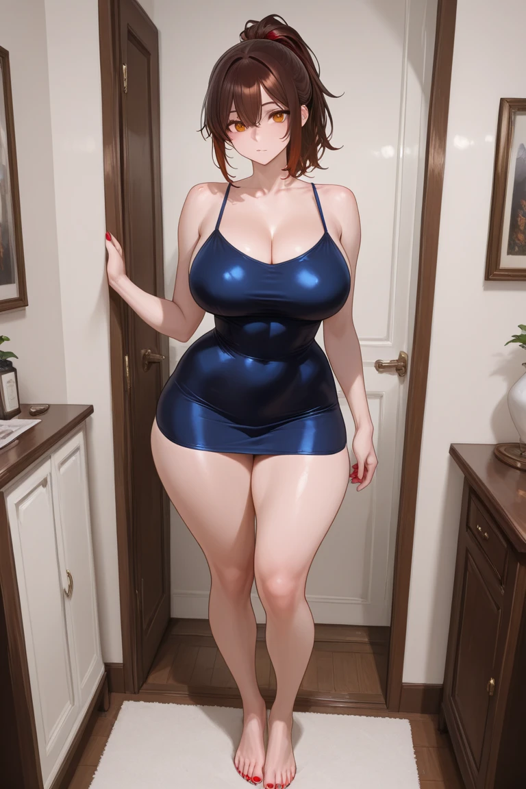 1girl, natural lighting, masterpiece, highly detailed, illustration, game CG, absurdres, high quality, glossy lips, aichan, large breasts, blue eyes, beautiful detailed eyes, short brown hair, side braid, standing, (bunny), bunny ears, strapless leotard, detached collar, fishnet tights, high heels, blush, arms behind her back