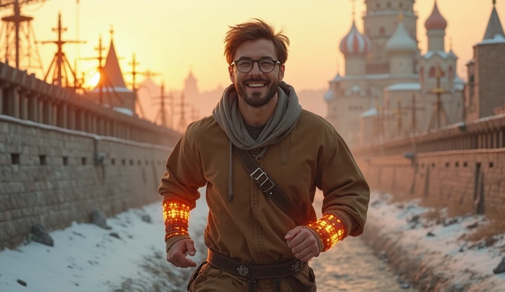 (solo), RAW Photo, photo of man Todder8 on a rooftop overlooking a small city at twilight wearing fashionable camping clothes, (wearing jacket), glow of the setting sun, vibrant ambiance, desert mountains, neon lights, music, (jet magazine), male, smiling, short hair, Todder5