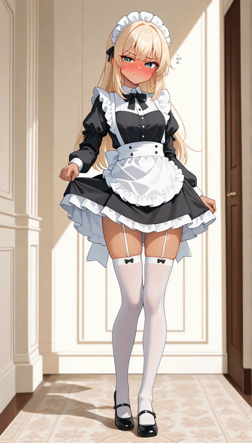 art by afrobull, score_9, score_8_up, score_7_up, score_6_up, source_anime, rating_questionable,
1girl, maid, frown, blonde hair, twintails,
(pencil dress:1.12),
panty peek, (white panties, micro panties:0.75), (cameltoe:0.6), socks,
nsfw,
fingerless gloves,
<lora:Afrobull-1024-Prodigy-UNET:1.0,