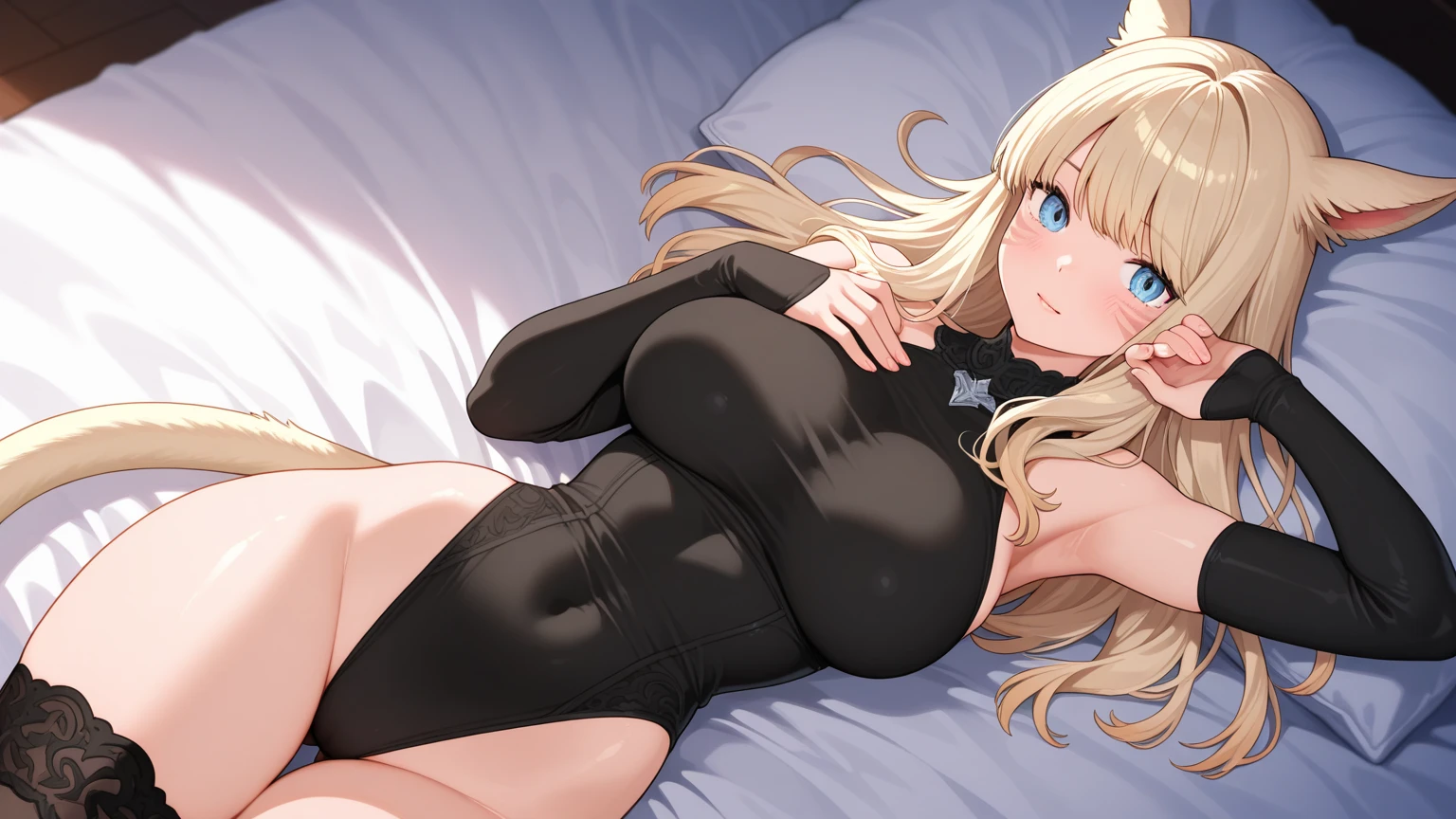 1girl, breasts, solo, long_hair, bunnysuit, blue_eyes, looking_at_viewer, hair_ornament, high_heels, large_breasts, lying, smile, on side, white_hair, pillow, bangs, very_long_hair, blunt_bangs, revealing_clothes, closed_mouth, on_bed, curtains, hand_on_hip, bed, sunset