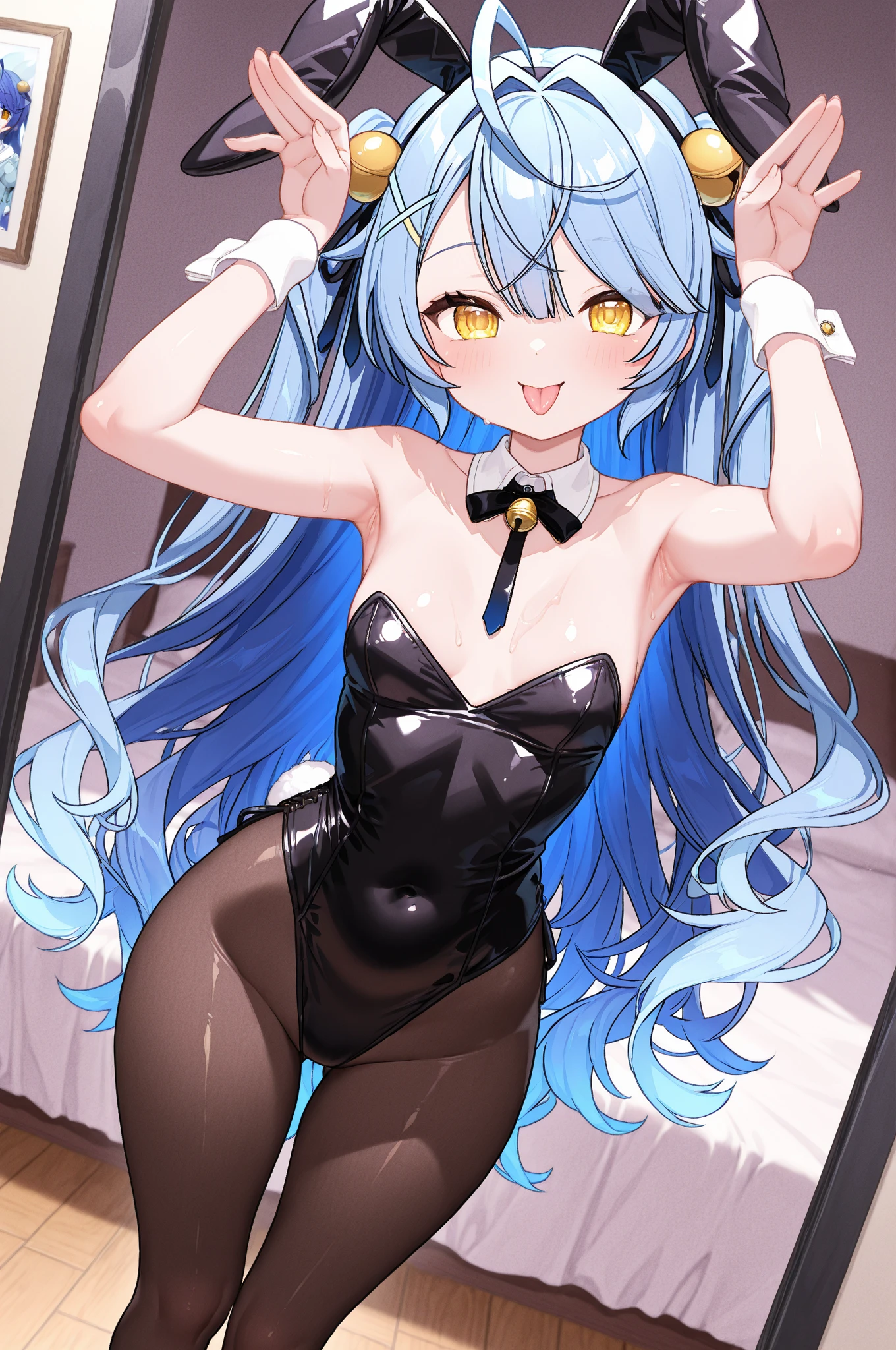 masterpiece, top-quality, Highly detailed, masutepiece, 女の子 1 人, ((Lori)), Chiquita, Red Eyes, Happy expression, (Dark blue hair), half up, (((The dark brown pantyhose reach above the navel.。))), Cute legs, (The innerwear is a high neck body stocking that only covers the chest.。.), ((Phetcha Pai)), ((Puffy nipple)),, cool half boot rack choker, design dark blue beret, long brown gloves without fingertips,