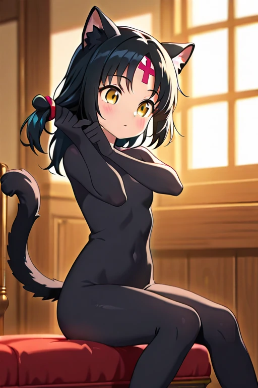 1girl with ((((long)) black hair)), (((dark skin))), (((nude))), cat ears, orange eyes, fear on face, cat tail, white stockings, zoo, Vallières, on knees looking at cock, POV