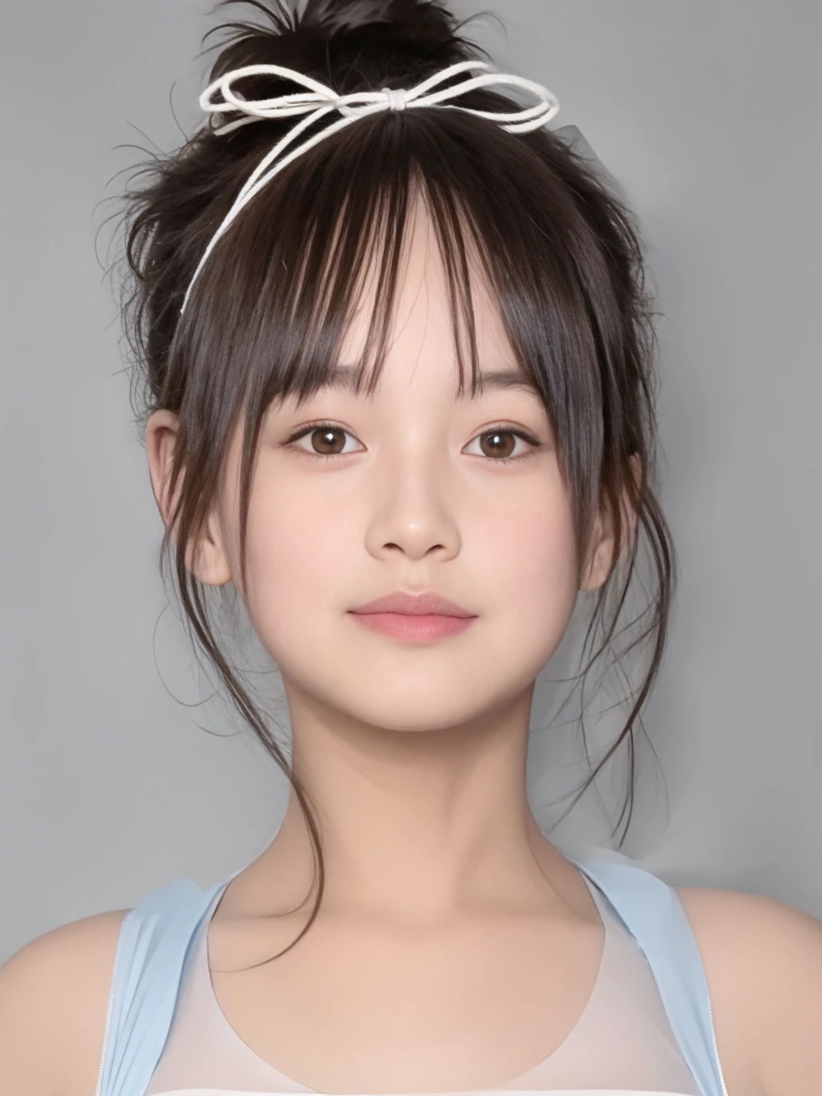 (A photo of your face:1.25), 6 years old, (Baby Face), (Round face), One Japanese woman, beautiful girl, Pretty face, (View your viewers), (Standing facing the camera), (smile), (Beige tank top)、(Pure white background:1.2)、Mouth closed