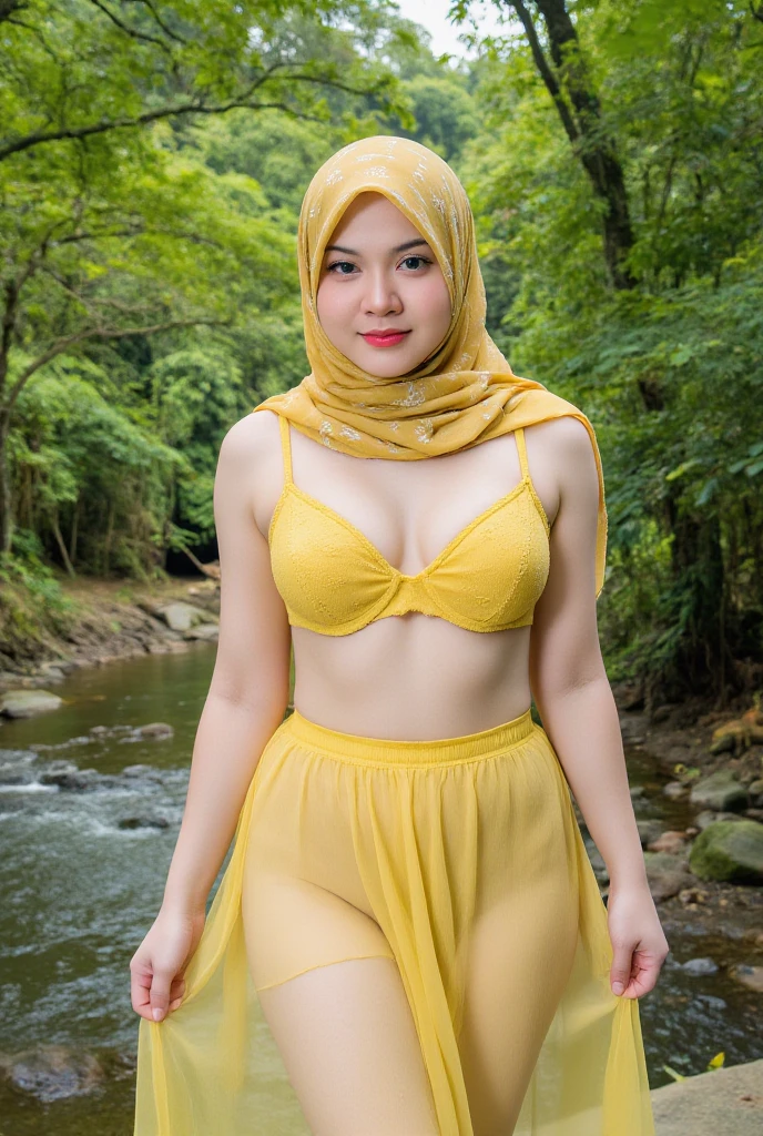 Smile, ((Hijab)), Tiny (Wearing Lingerie Top Suspender), (((HIJAB MALAY GIRL))), masutepiece, High quality, UHD 32K, Realistic face, Realistic skin feeling , A Malay Lady, 8 years old, , Very cute and baby-like face, (((FLAT CHEST))), (MATRIX WORLD), ((look In front at the camera and SADNESS)), ((())), (((CUTE GIRL))), ((Fluorescence)), ((CHUBBY)), (undress), Lolican. Light Green and White, at waterfall