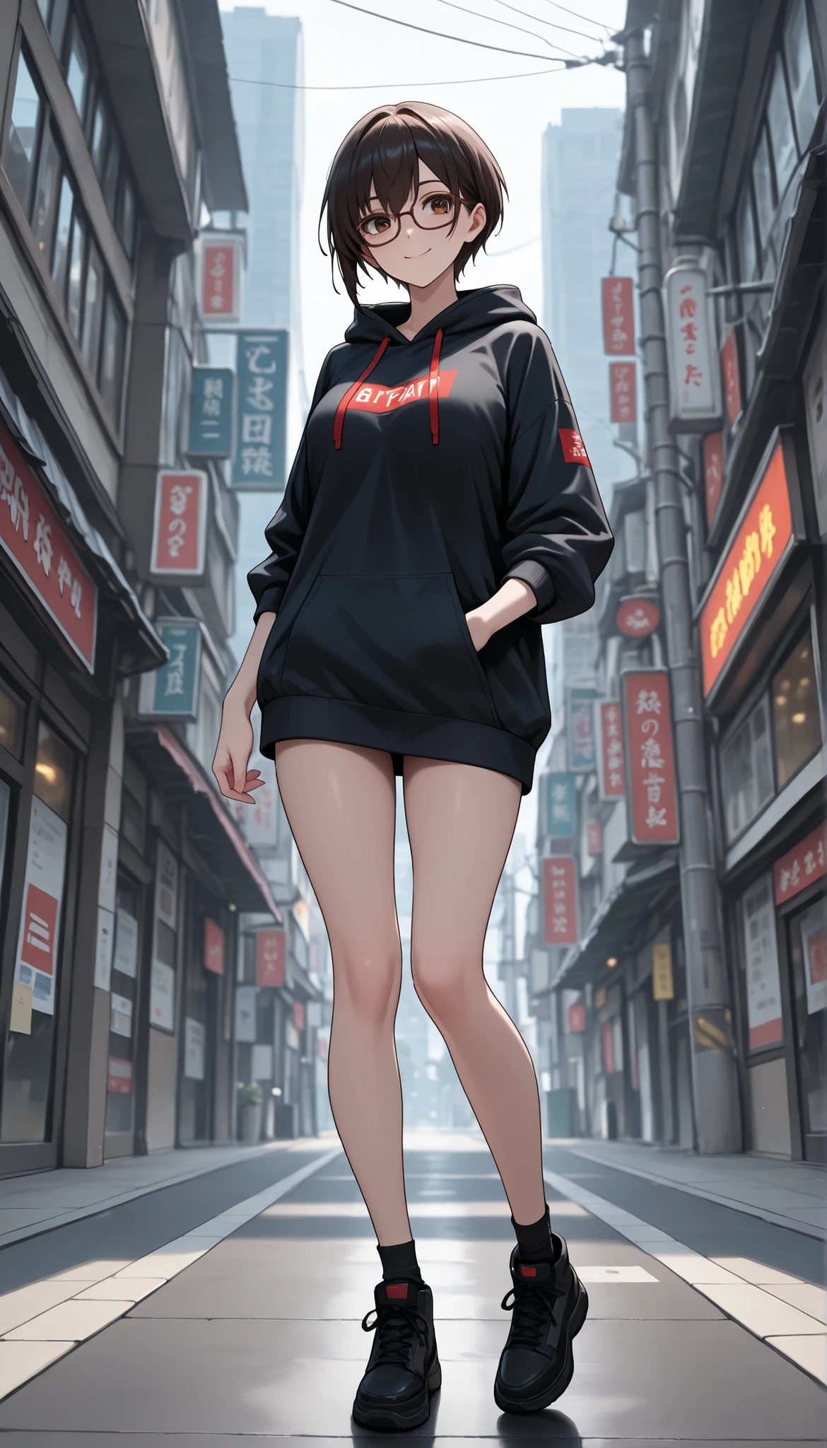 ((solo)), Full Body Visible, hair tacking , 素晴らしいmasterpiece, Top Quality, High Fashion, Extremely ridiculous, HDR, intricate detail, brightly colored, very cute face, masterpiece, 最High Quality, High Quality, ultra detail, Very awa, black short hair in a beautiful Japanese room, brown eyes, Smile Yan, In the beautiful cityscape of Japan, Moderate bust, hoodie, brown glasses