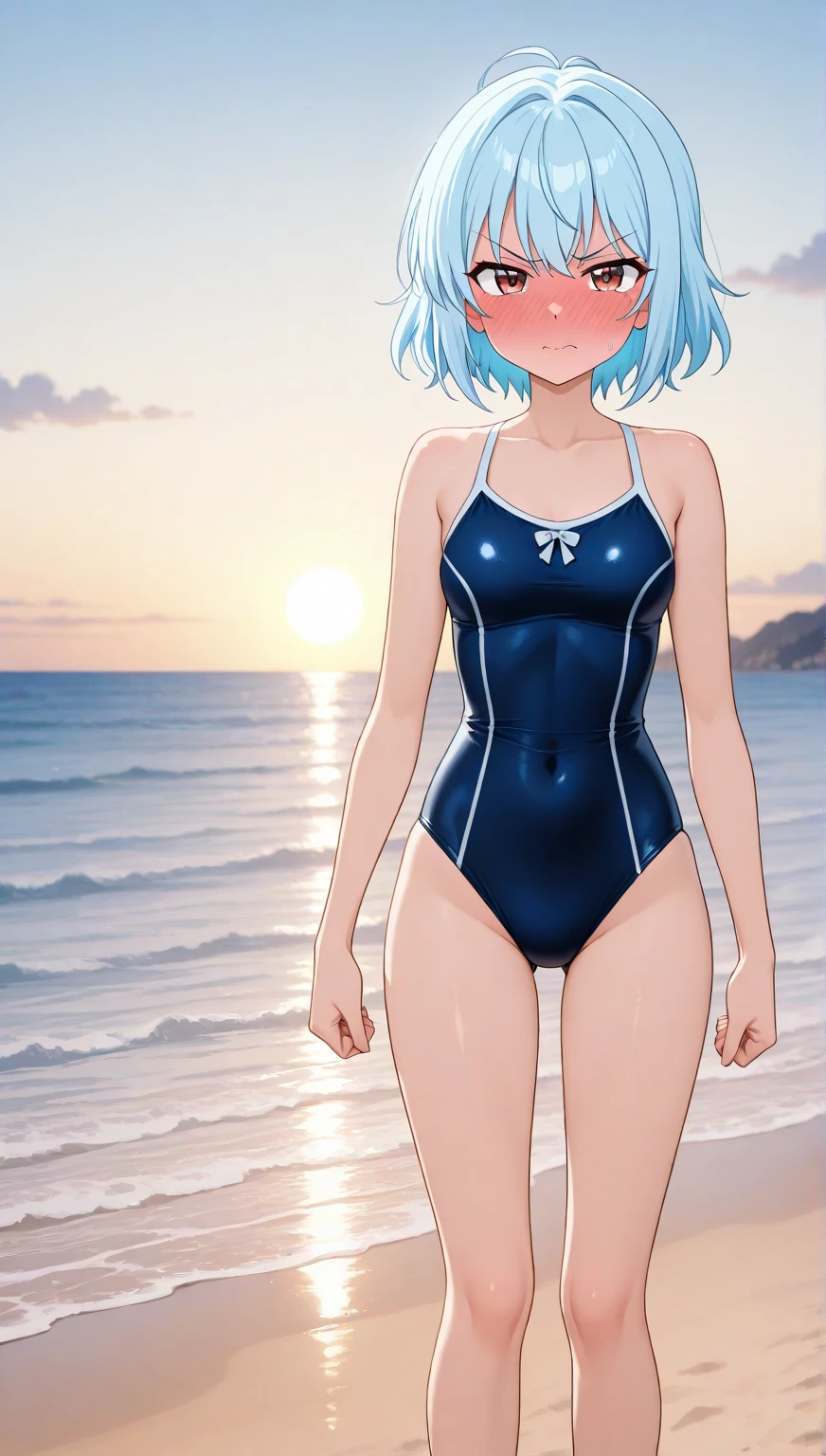 (((There are lots of people in swimsuits in the background)))、(((Silver bob with a bluish center))) Square frame glasses、 (((Sparkling blue eyeid-chest)Separate swimsuit))(Background sunset beach)