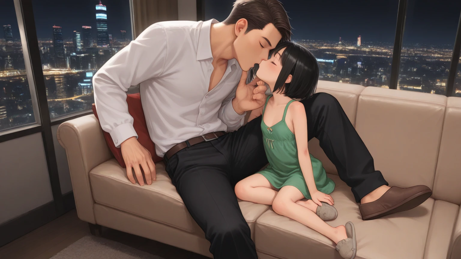 The man in his 45s with black very short hair and smooth face with moustache. The woman in her 45s with brown wavy long hair. The man is wearing a white shirt with the buttons open. The woman is wearing a yellow dress. In the outside garden. Night, dark, dim. The woman is sitting at the iron table. Missionary sex. They are screaming. Orgasm. Passion. Erotic. Realistic. Ulrta realistic.