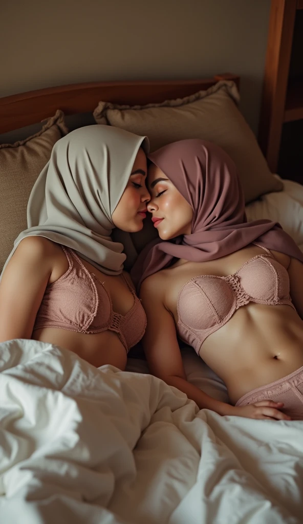 above view,2woman, 3-Years-Old,Female Docter, Hijab Beautiful Indonesian Woman, Wearing Tight Gamis, wearing bra, White Porcelain Skin, Realistic Ultra,Kissing, deeply in Lustful,nipp,lay down,look to the viewer,