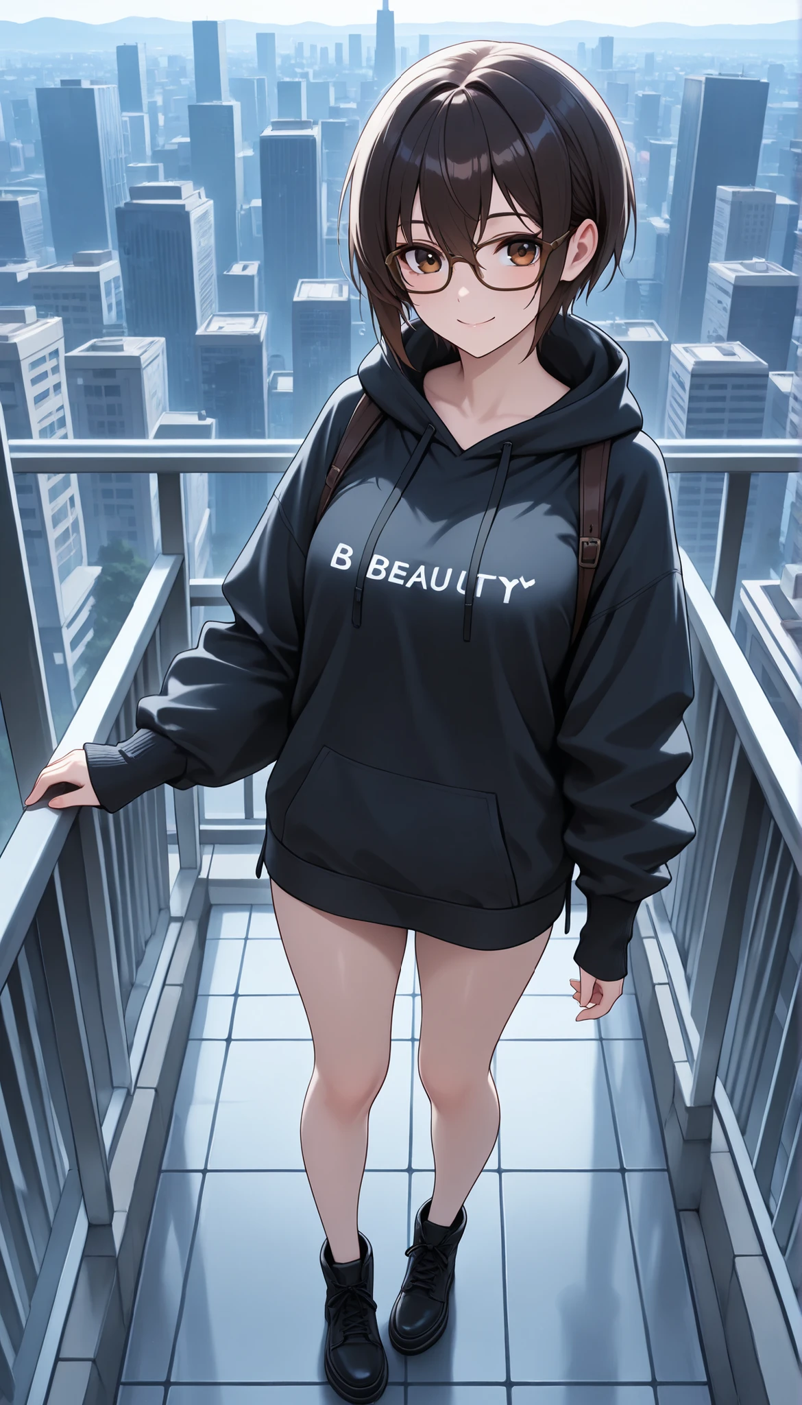 ((solo)), Full Body Visible, hair tacking , 素晴らしいmasterpiece, Top Quality, High Fashion, Extremely ridiculous, HDR, intricate detail, brightly colored, very cute face, masterpiece, 最High Quality, High Quality, ultra detail, Very awa, black short hair in a beautiful Japanese room, brown eyes, Smile Yan, In the beautiful cityscape of Japan, Moderate bust, hoodie, brown glasses