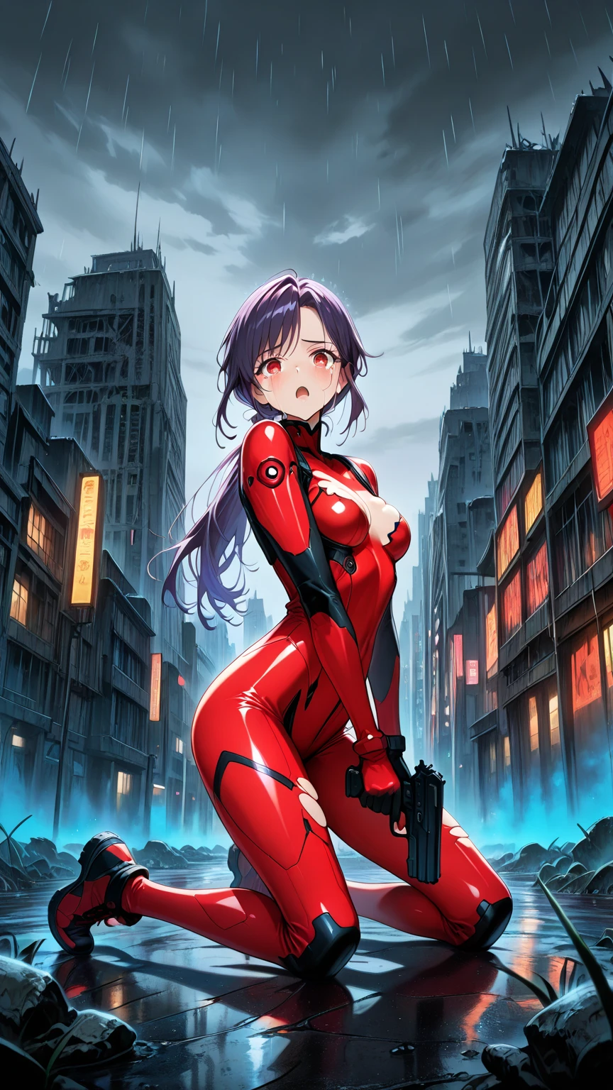 Red cyborg suit、17 years old、beautiful girl、ponytail、Black Hair、fight、blue beam、H Cup、Sparks fly,