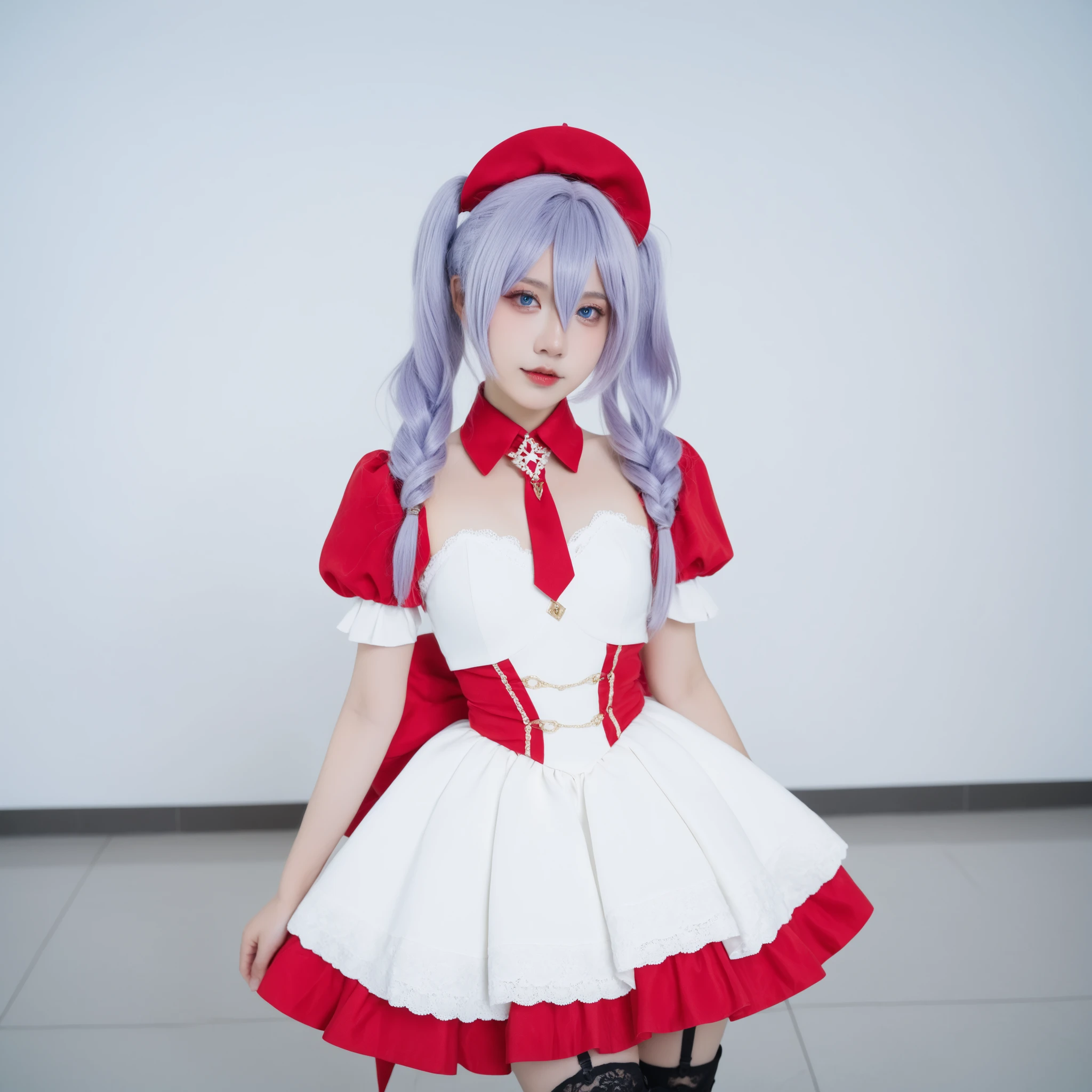 nagomis1_cnr, 1girl, light purple hair, hair between eyes, twin tails long hair, blue eyes, small breasts, red dress, s, white dress, two-tone dress, puffy sleeves, garter straps, black thighhighs, thigh boots, pele real,textura da pele,traços faciais detalhados, sardas,Ance