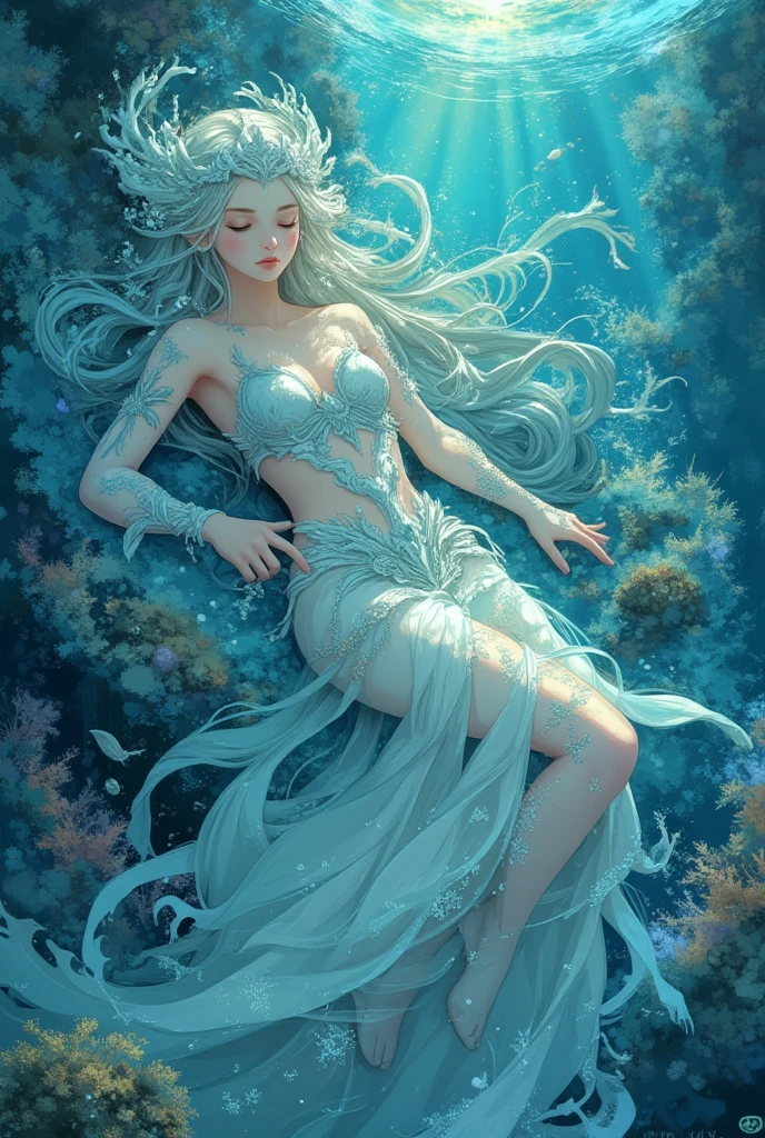 (tranquil underwater palace, masterpiece, best quality), (a woman, slender legs, stunning, delicate, revealing waist and abdomen, slender arms, intoxicating chest, mysterious, long black hair, black eyes), (vivid watercolor, serenity, flowing water, ethereal light), --auto --s2