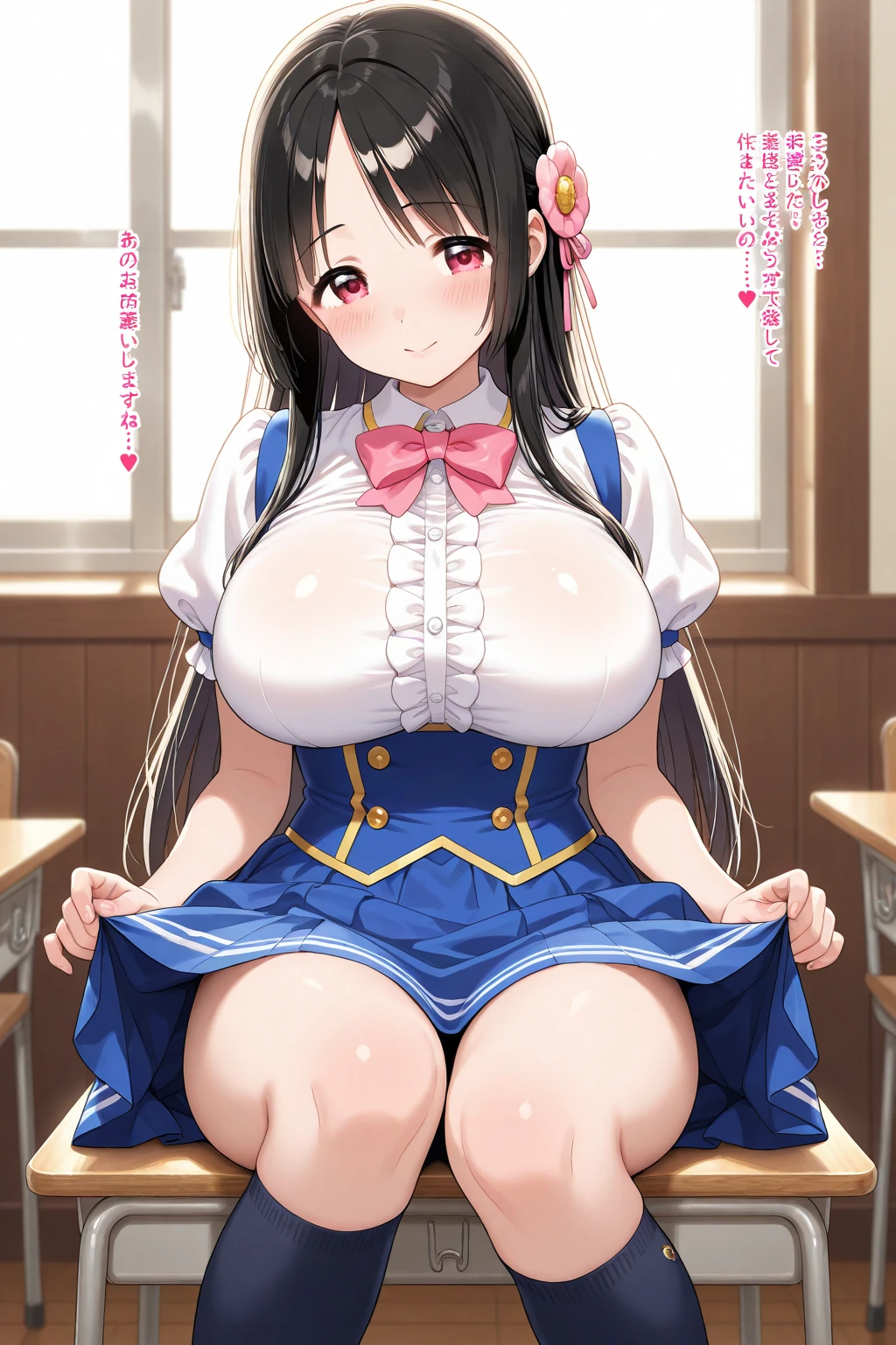 ((NSFW))、((((vaginal,sex))))、((1 boy))、(looking away)、(((orgasm:1.3)))、(8K、ultra high resolution、Ultra high definition、Super high quality、ultra realistic、best quality、master piece:1.2、Best Illustrations:1.4)、((Lewdで挑発的な顔))、((Girls' High School Uniform))、(bright chestnut hair、long hair、red garter belt)、(Detailed facial depiction、Detailed description of the eyes、Huge breasts that are about to burst)、(((place:classroom)))、the best beauty、So cute、glamorous、delicate and beautiful face、(((perfect body)))、Nogizaka、Idol、Lewd、erotic、obscene、obscene