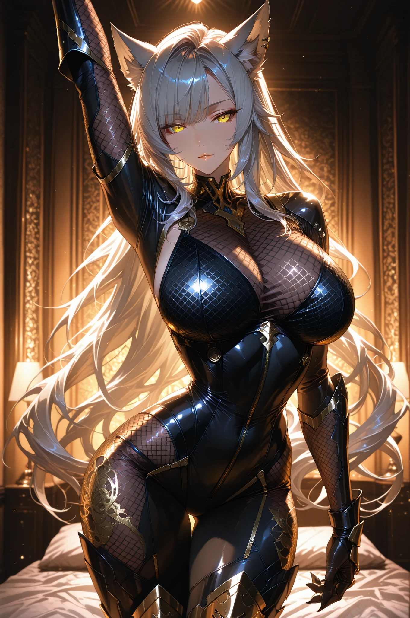 League of legends character riven in venom suit, white hair, yellow eyes, black suit, black bunny suit, venom suit, looking to the camera, smile, holding the camera, sexy body, hentai face, hentai expression, heart eyes, hentai eyes, eyes iris in heart shape, ponytail hairstyle