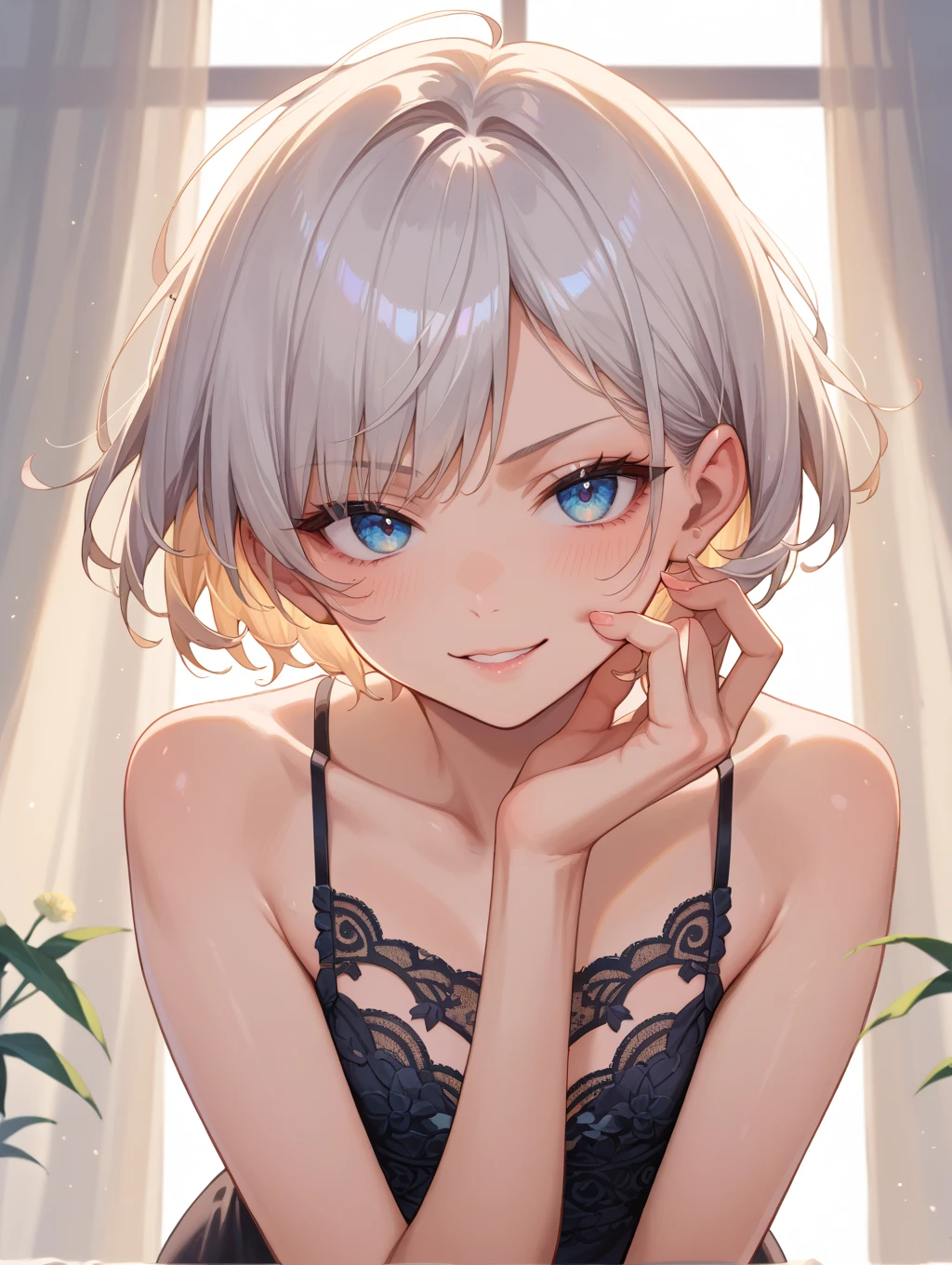 (masterpiece),(Highest quality),(Very detailed),(Best illustrations),(Best Shadow),Natural Light,(Detailed Background),(so beautiful)(masterpiece),(Highest quality),(Very detailed),(Best illustrations),(Best Shadow),(Detailed Background),(so beautiful), masterpiece, Highest quality, High resolution,,(masterpiece1.5),super high quality, Super detailed,Perfect drawing,girl(8K、Highest quality、Highest quality、masterpiece)、Detailed face、One Woman、short hair、Look down on me、Wicked Smile、((Grin))、((White camisole))、((Blue Skirt))、
