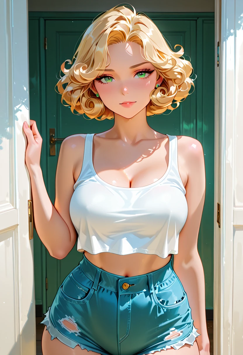 (Girl),(medium Hair), blonde hair,masterpiece,huge breast, outdoors, looking at viewer, detail eyes, detail face, standing, smile, (front view:1.3), dolphin shorts, Single Bare Shoulder shirts, upper body shot, (portait), (detailed face), (cleavage), white shirts