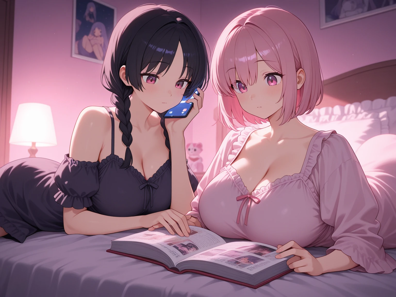 A pink haired woman with violet eyes is giving a red haired woman with red eyes medicine.