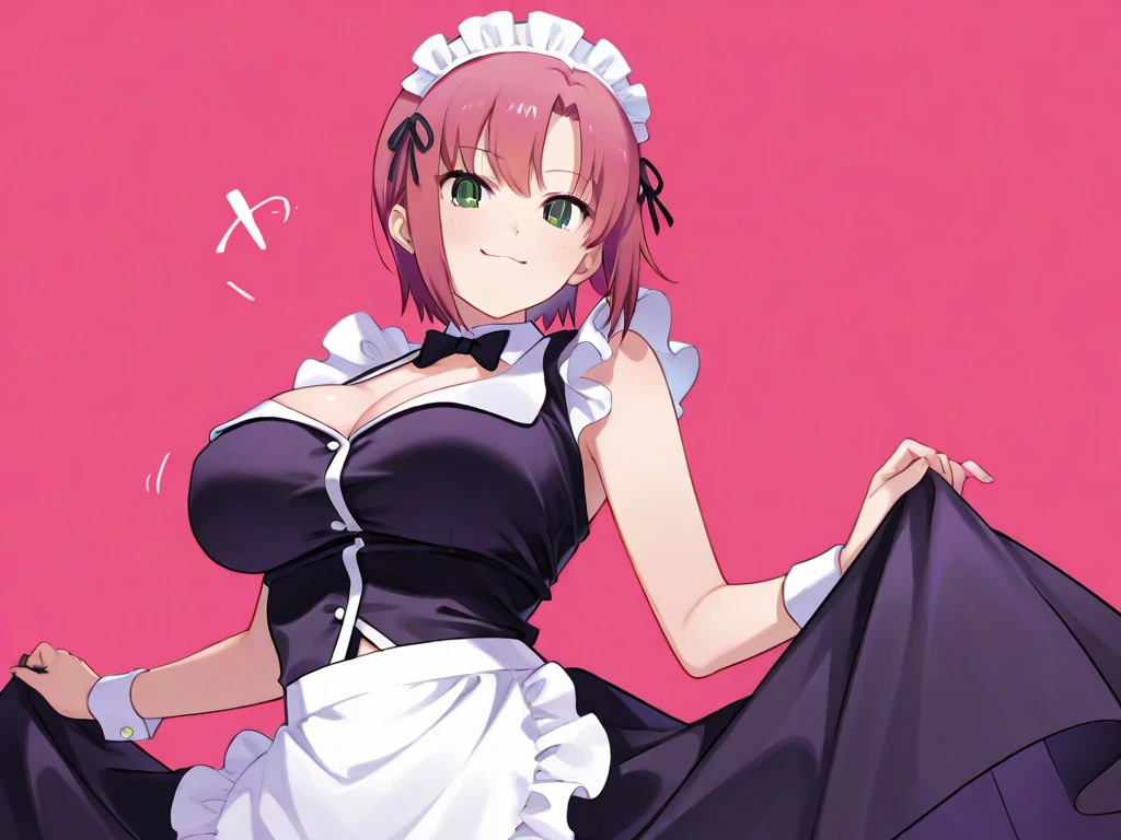 masterpiece, best quality, highres, Nakano nino, 1girl, solo, pink hair, short hair, busty, butterfly hair ornament, large breasts, cleavage, green skirt, white shirt, collared shirt, open clothes, black thighhighs, short sleeves, skirt lift, looking at viewer, annoyed, blush, full body, standing, simple background, arms behind head, (?????? pose:1.4)