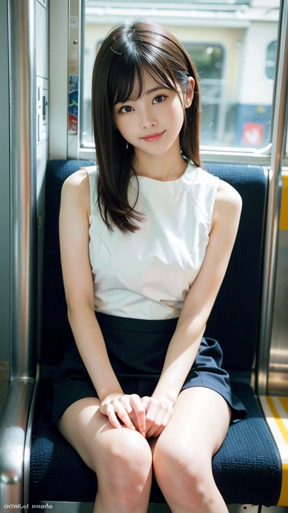 1 woman, thighs, sitting on train, , realistic, raw photo, white shirt, pleated skirt, black short socks, roafer, medium hair, bangs, looking at viewer, best quality, large breast, (His arms folded),