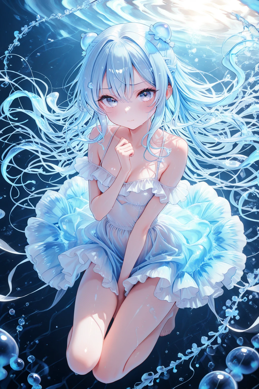 {{{{masterpiece}}}}, {{{hyper detailed}}}, {{{highres}}}, {{good anatomy}}, (((best quality))), ((an extremely delicate and beautiful)), {{an extremely detailed and delicate}}, {8k cg wallpaper}, {{illustration}}, (greyscale with colored background:1.1), ray tracing, bokeh, (colorful flowers:1.8), water, (water drop:1.8), (ripples:1.3), (reflection:1.1), (light particles:1.5), chromatic aberration, from above, upper body, (mature female), 1girl, solo, standing, hand on head, looking at viewer, wet, blush, medium breasts, cleavage, hiten1,