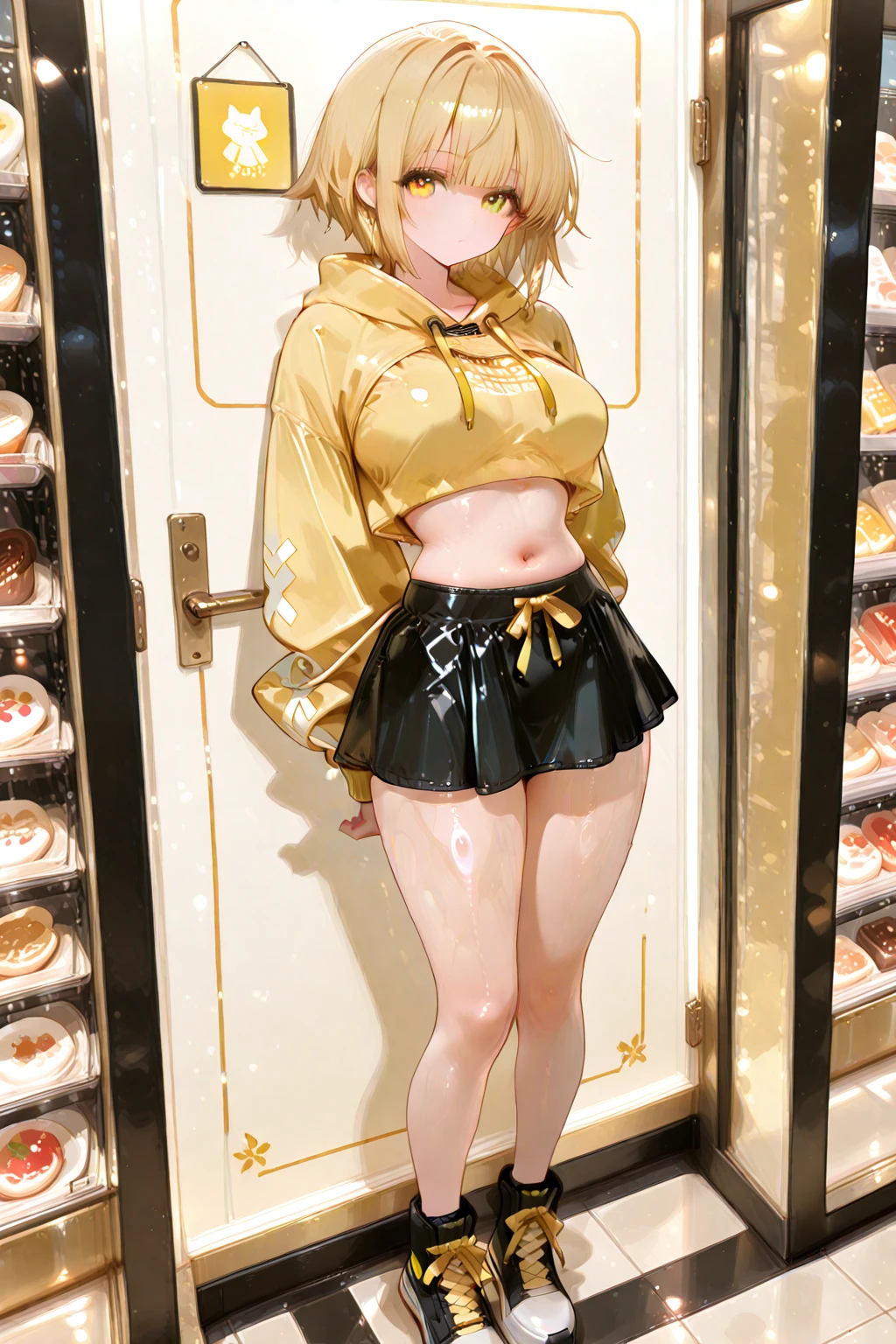 realistic, 1 women, best quality, 12k, HD, long hair, big round breasts, cleavage, ponytail, necklace, jewelry, shorts, short jacket, slim hips, hair tie, yellow eyes, black hair, super detailed, Eye details, hair details, person details, mouth details, face details, breast details, clothes details, hair details, pants details, hand details, whole body