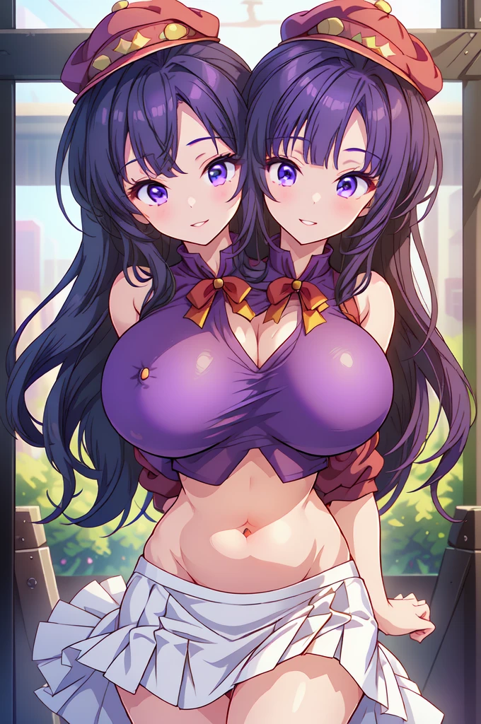 tohkayatogami, tohka yatogami casual, (three heads) (3heads:1.5), open belly, huge tits, open breasts, adult woman, matured female, three headed girl, long hair, purple hair, alluringly smile, tight crop tops, white top, thin fabric ,mid rifts, long sleeves , U neck, ribbon , (purple eyes:1.1), hair ribbon, ponytail, purple hair, white ribbon, huge breasts, plump butt, shorts, hand on pocket, twerking hips BREAK , BREAK outdoors, city, people, crowd, sky, clouds, sun, blue sky, BREAK looking at viewer, (cowboy shot:1.5), BREAK (masterpiece:1.2), best quality, high resolution, unity 16k wallpaper, highres, (illustration:0.8), (beautiful detailed eyes:1.6), extremely detailed face, perfect lighting, extremely detailed CG, (perfect hands, perfect ???????),

