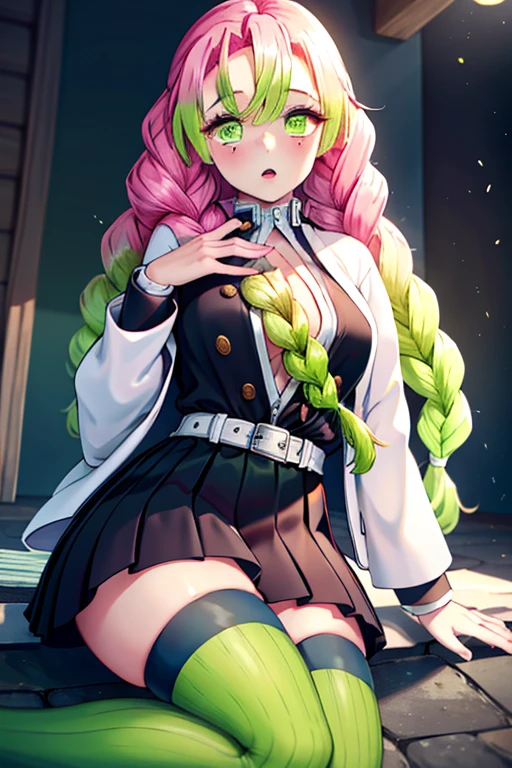 1girl, Mitsuri (demon slayer), beautiful girl, beautiful face, pink hair, green hair, gradient hair, multicolored hair, long hair, bangs, double braids, green eyes, white haori, a black skirt with a silver belt and green striped hips, demon slayer uniform, long sleeve jacket, white haori, black skirt, silver belt, green striped thighs, buxom chested, large_breasts. Holding a katana sword. She's looking directly at the camera with a (fierce, determined, serious) gaze. Her gaze is both alluring and fierce, as she holds the sword with a delicate yet deadly grip. She's swinging the katana sword. (bouncing breasts:1.2), motion line, Motion Blur. (Background: outdoors, night time, simple background, night sky, forest)