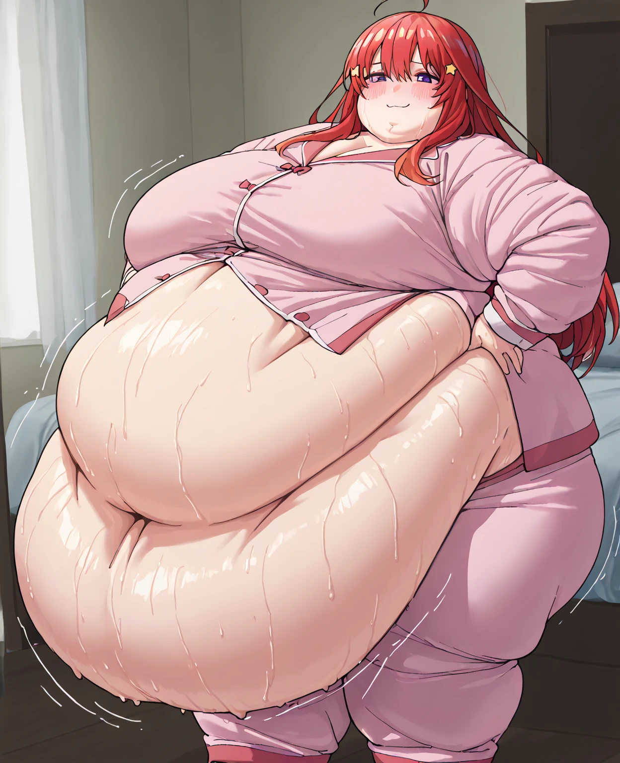 make redhaired ssbbw fat girl in too tight shirt and skirt sit on chair in office