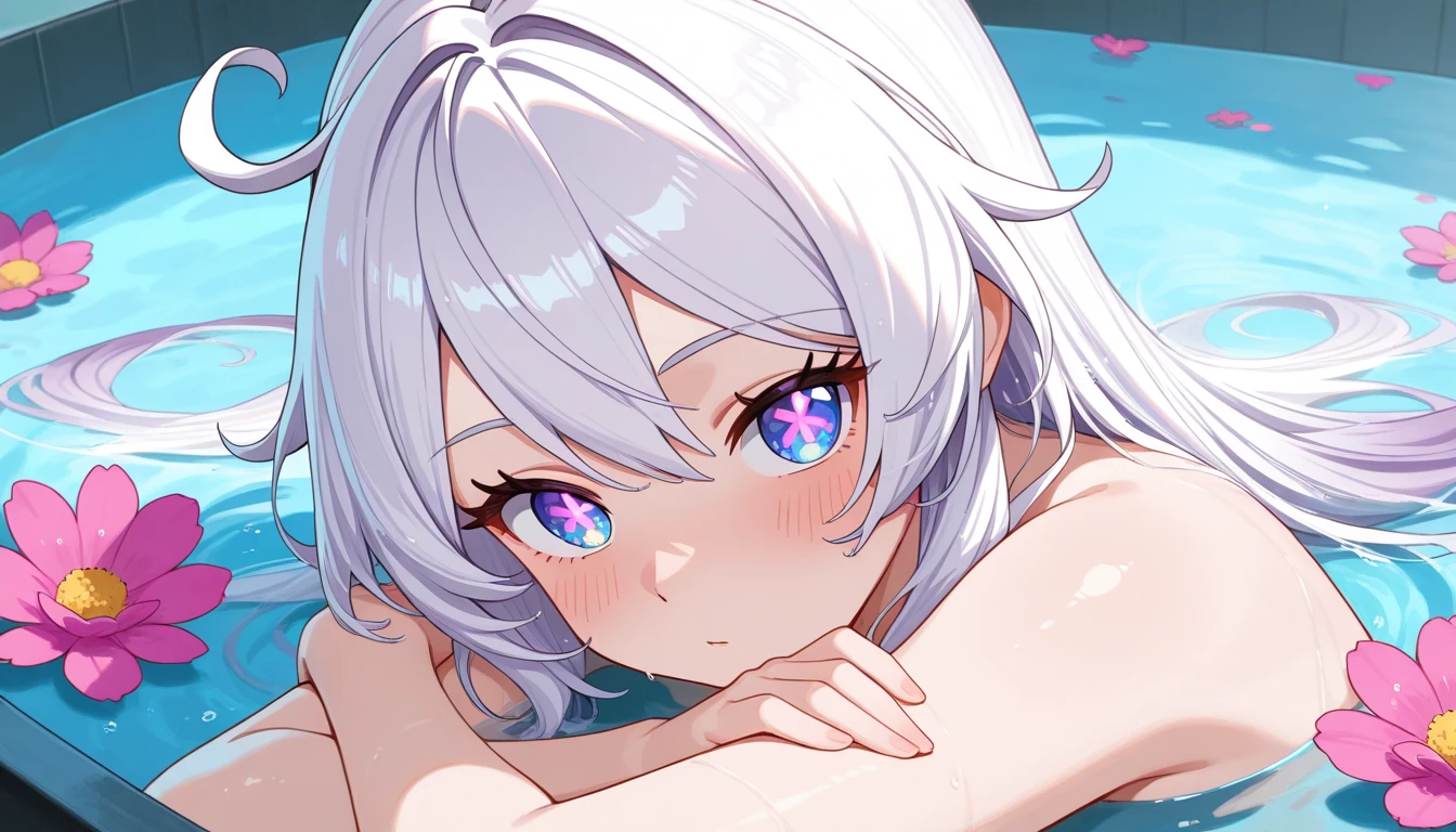 1girl, white hair, purple eyes, portrait, realistic, towel, (onsen), sidelighting, wallpaper, nsfw,