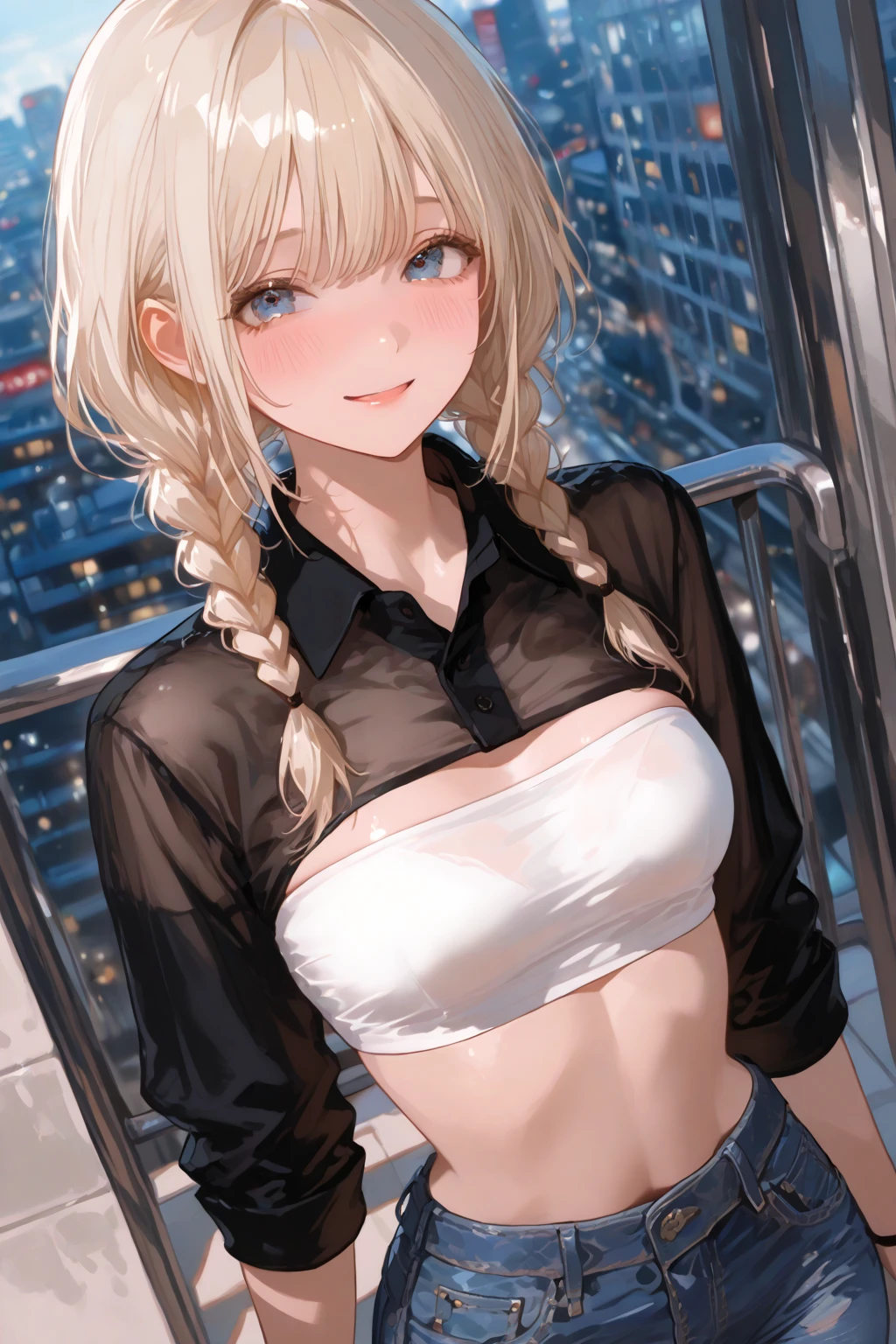 Pure white shirt,Blonde long hair,Small Bust,Cleavage,mini skirt,White panties