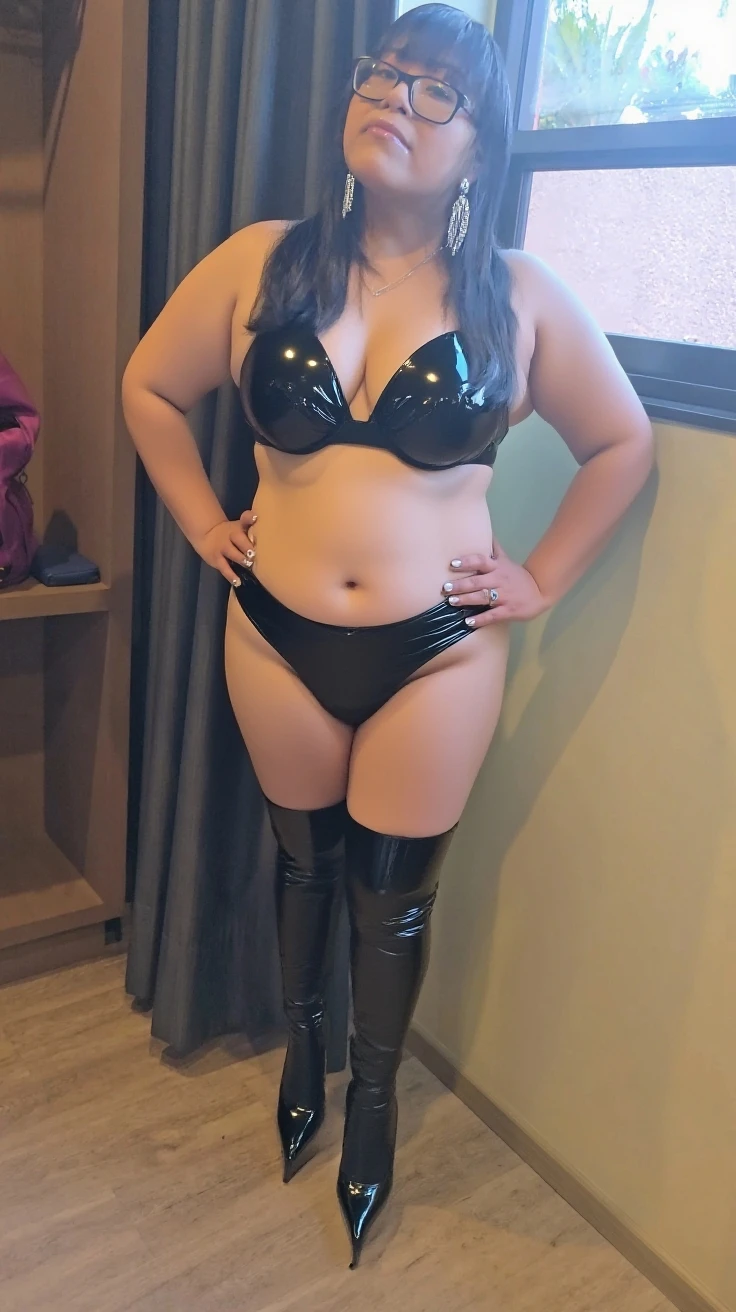 arafed woman with blue hair and black stockings in a bathroom, thicc, exposed thighs!!!, accentuated hips, 2 2 years old, 21 years old, 18 years old, wide hips, she has a jiggly fat round belly, better known as amouranth, insanely inflated hips, she has pale blue skin!!!, extremely pale