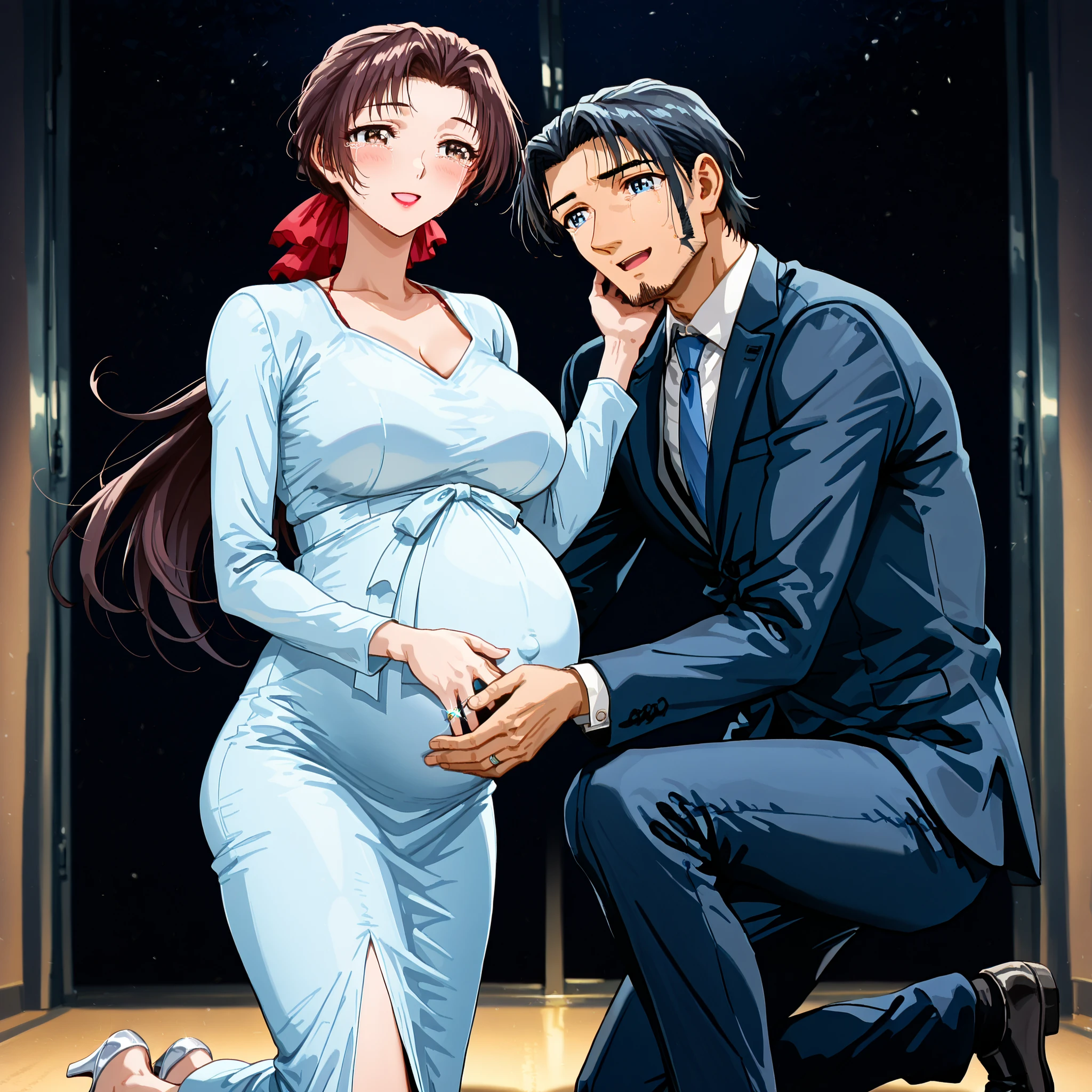 Sayoko Saeki standing in front of her kneeling boyfriend. Sayoko is wearing a long, light blue dongtan dress. Standing, kneeling on one knee, smiling, joy, happy tears, diamond ring in his hand, Pregnant, 9 months pregnant, 1 man, 1 woman, Brown Hair, Long Hair, Short Hair, ponytail, Black Hair, Facial Hair, marriage proposal, Happy, Large breasts,, open eyes, blue eyes, brown eyes, looking at each other, red lipstick, man with black hair, high quality, Sayoko with blue eyes, professionally made, daytime, from the side, business suit, sfw