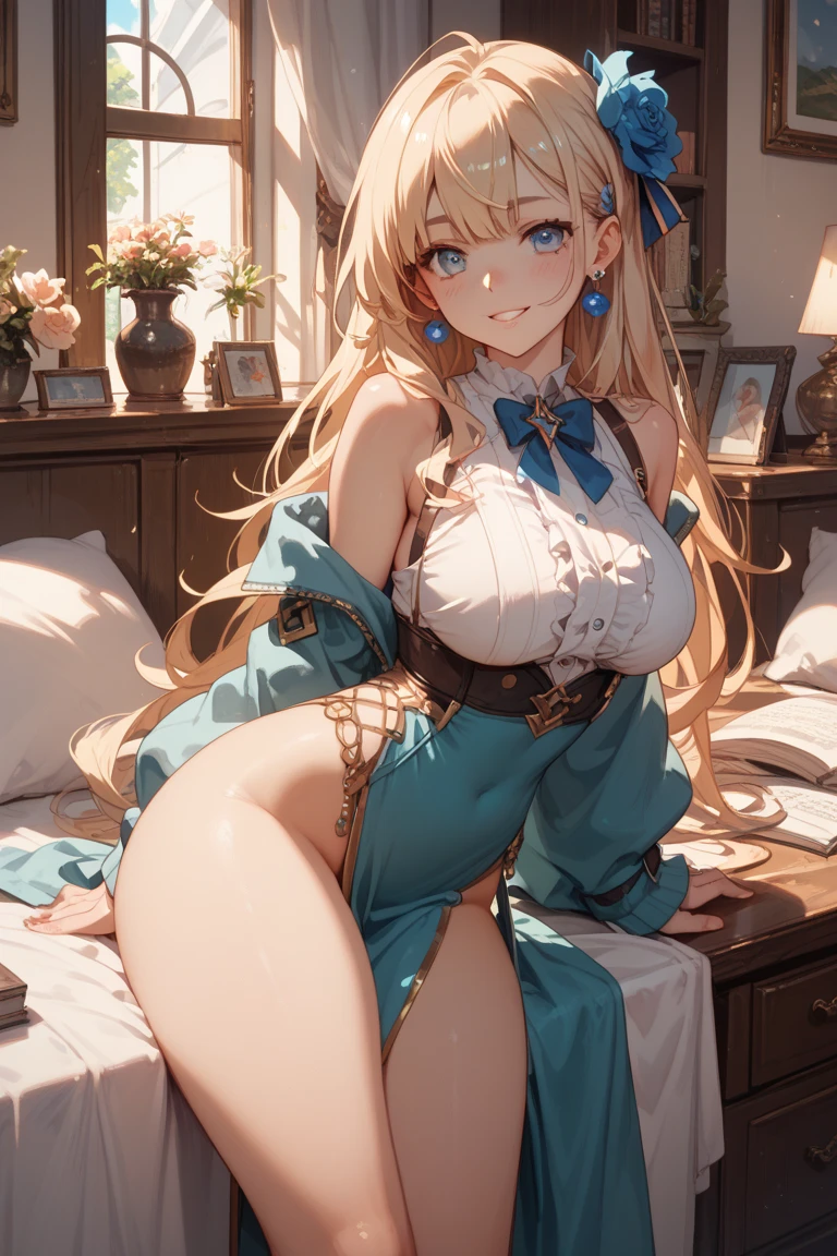 masterpiece, highest quality, (((solo milf))), (((long blonde hair))),  (((wide hips))), (((beautiful blue eyes))), lip whole, enchanting smile, big breasts, crooked, sexy, ((kneel on the bed)) (((Wearing a pink kimono with a white floral pattern))), [Janet], [Alice],  (((alone))), (((alone))), ((huge boobs)), (cleavage), candle, crystal ball, tarot cards on the bed, red curtains, messy hair, curly hair