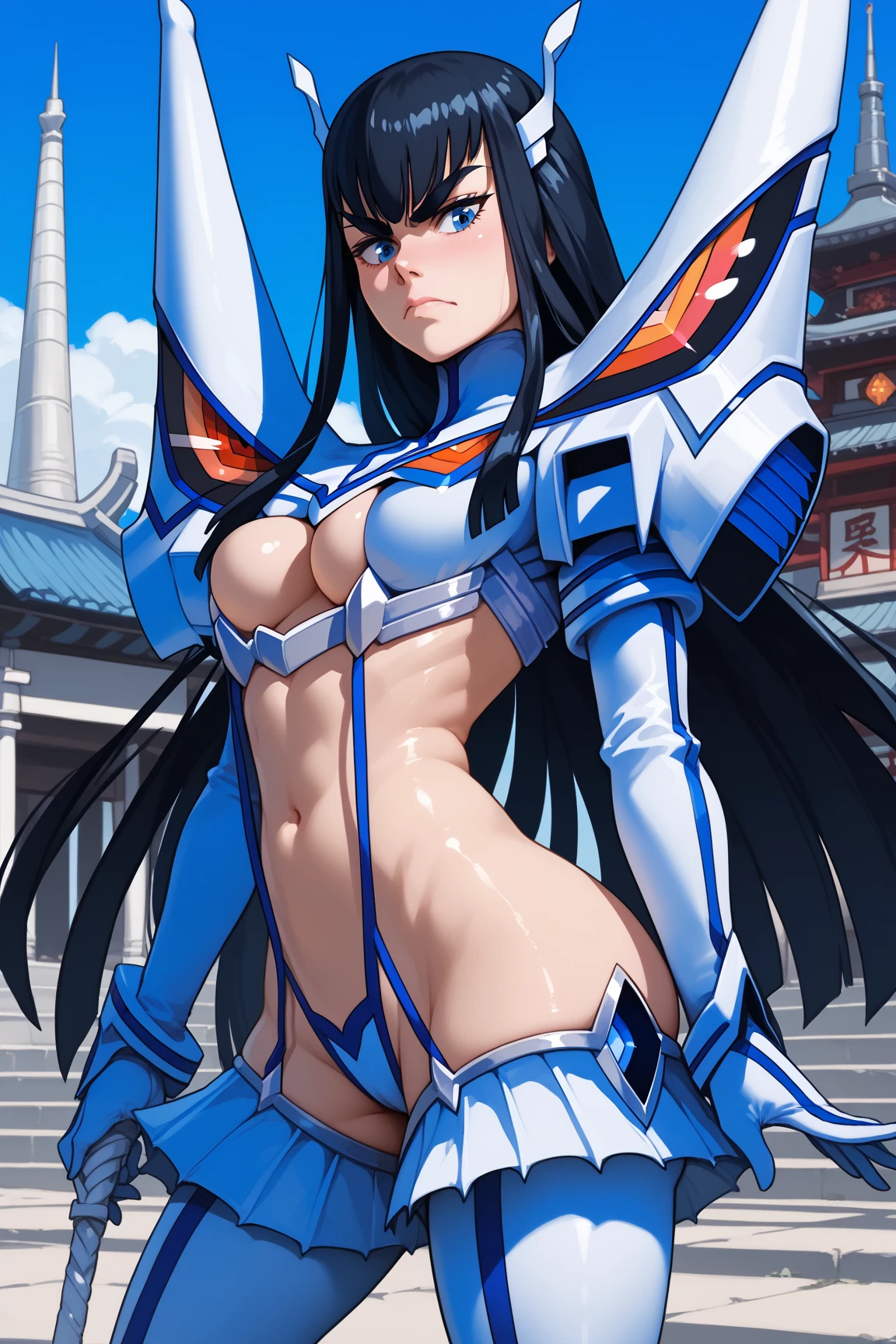 masterpiece, best quality,8k,murasaki, bodysuit, elbow gloves, holding weapon, battle axe, axe,(Tattered costume:1.4),20yo, glowing weapons, light Particle, Wallpaper, chromatic abberation,1girl in, Solo, long hair, night,dynamic pose,NSFW,Erect nipples,Cameltoe,from below,spread legs,red blush